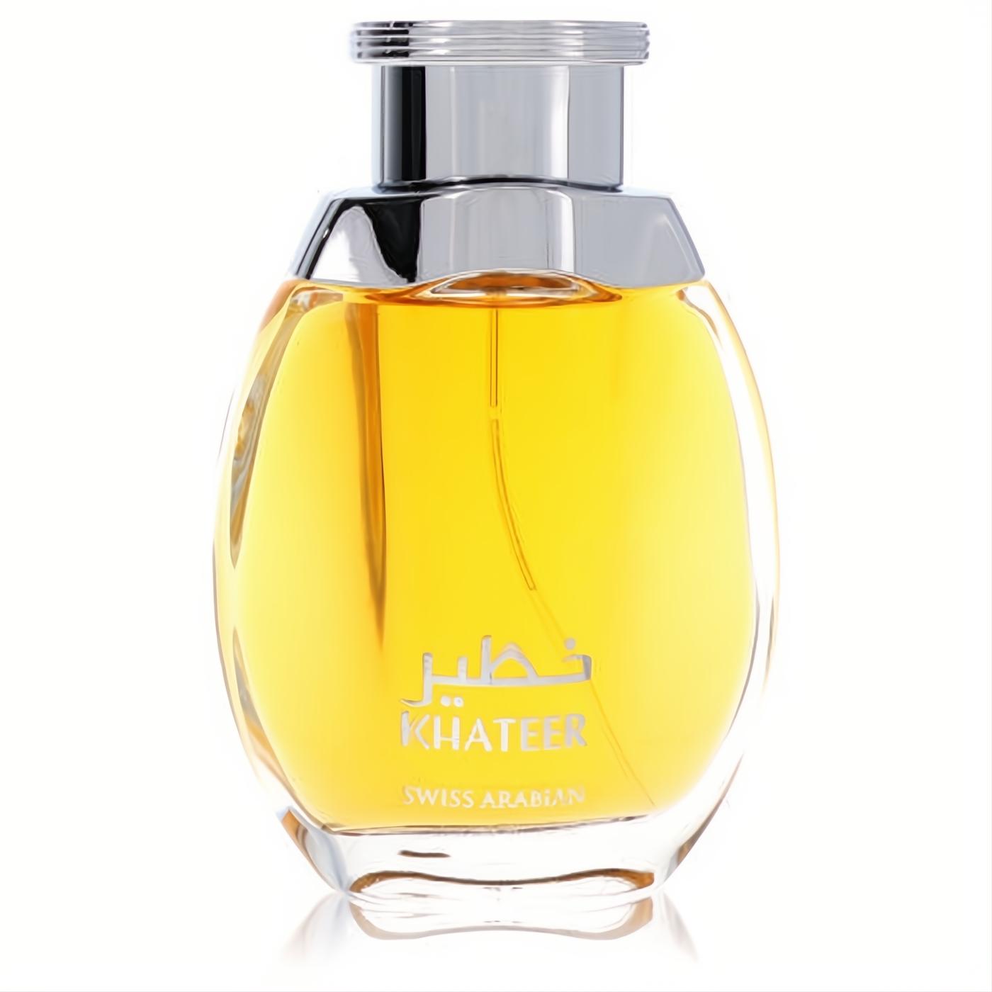 Discover Swiss Arabian Khateer men's 3.4 oz Eau De Parfum. Elegant clear glass bottle with golden fragrance and a sleek silver cap.