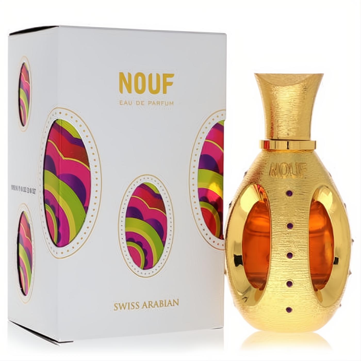 Stunning Swiss Arabian Nouf gold perfume bottle with purple accents and unique cut-outs, next to its vibrant, patterned white box.