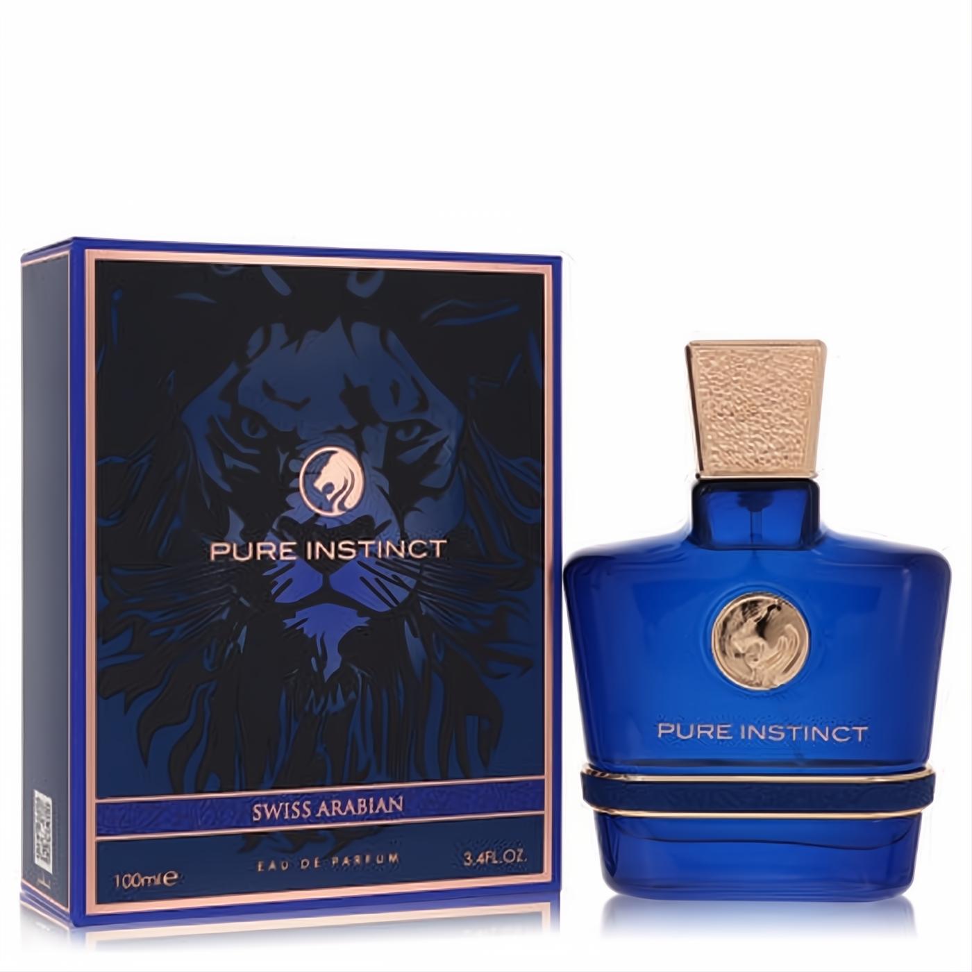 Swiss Arabian Pure Instinct 3.4 oz men's EDP. Striking royal blue bottle with gold lion emblem, cap, and trim, beside its matching box.