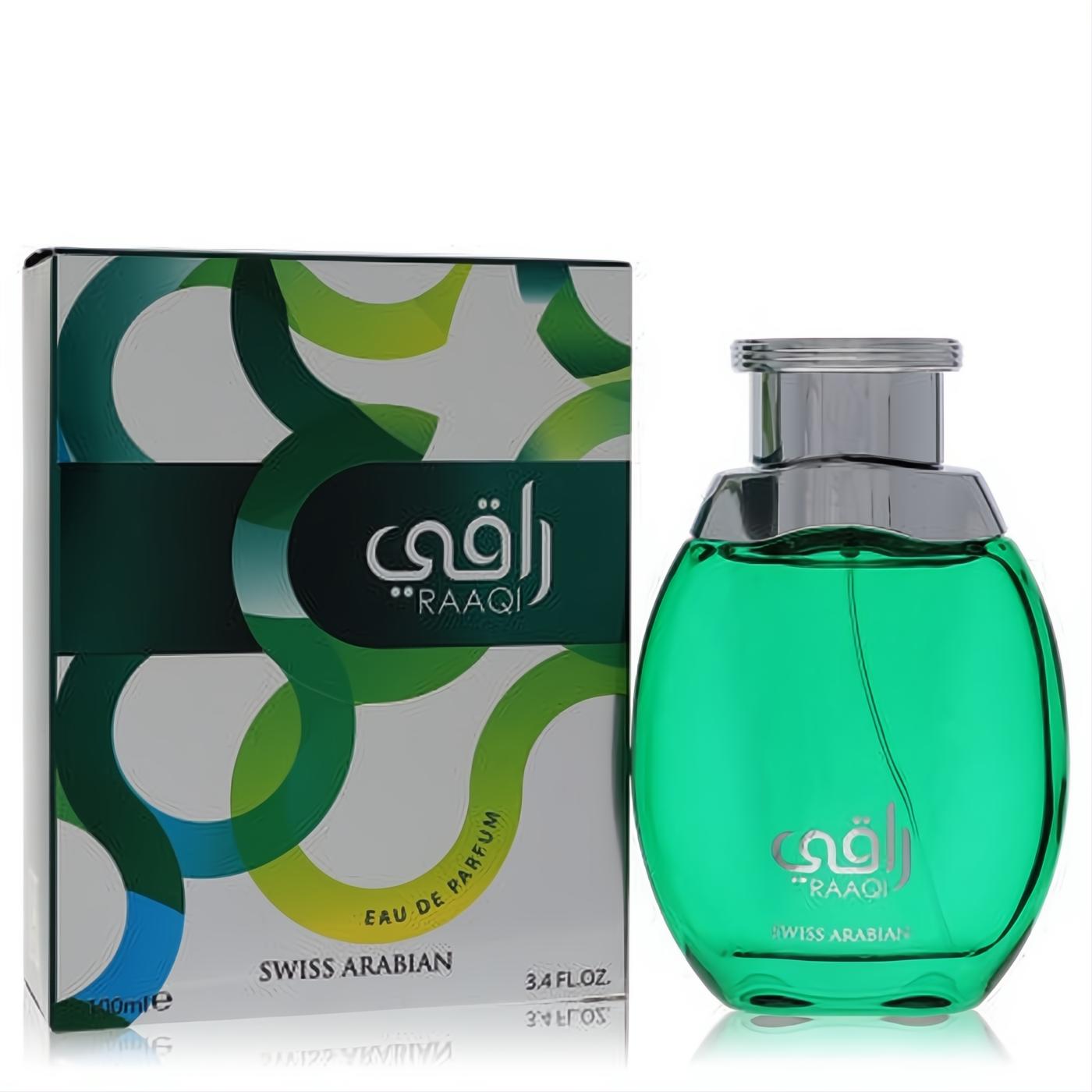 Swiss Arabian Raaqi 3.4 oz unisex Eau De Parfum: vibrant green bottle, sleek silver cap, and modern white box with abstract green design.