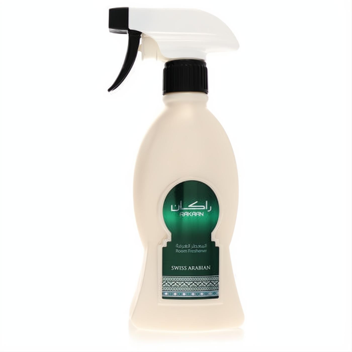 Swiss Arabian Rakaan home freshener: a cream spray bottle with a white trigger and unique dark green arched label.