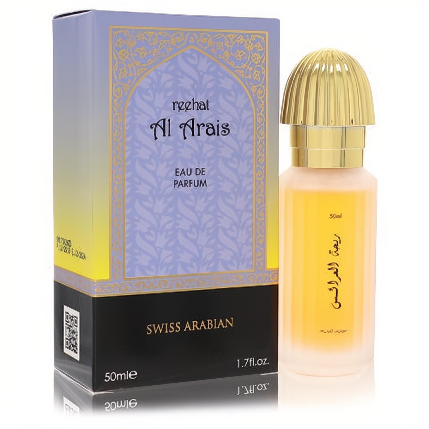 Swiss Arabian Reehat Al Arais 1.7oz EDP. Luxurious frosted peach bottle, gold ribbed cap, and ornate lavender-gold box.
