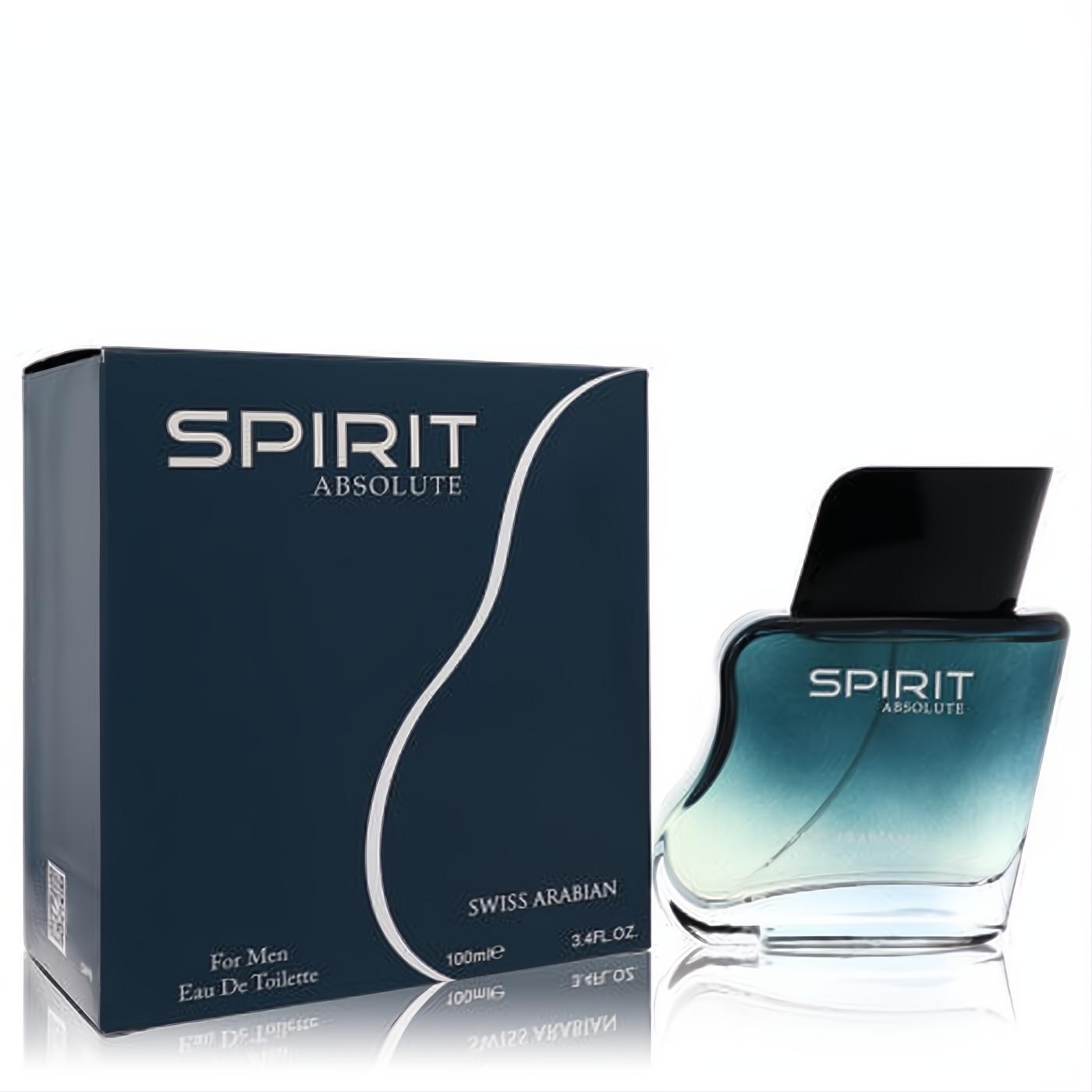 Swiss Arabian Spirit Absolute 3.4 oz men's EDT. Elegant dark blue box and unique gradient glass bottle with black cap.