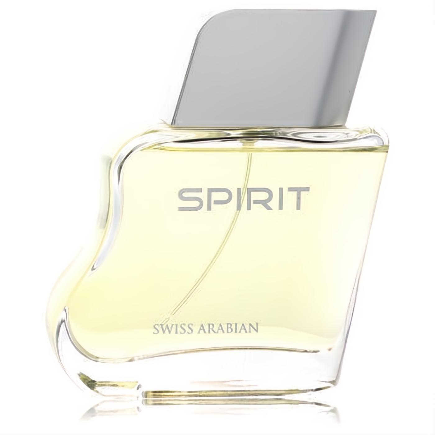 Distinctive Swiss Arabian Spirit men's EDT in a clear, curved glass bottle with a sleek silver cap and light amber fragrance.