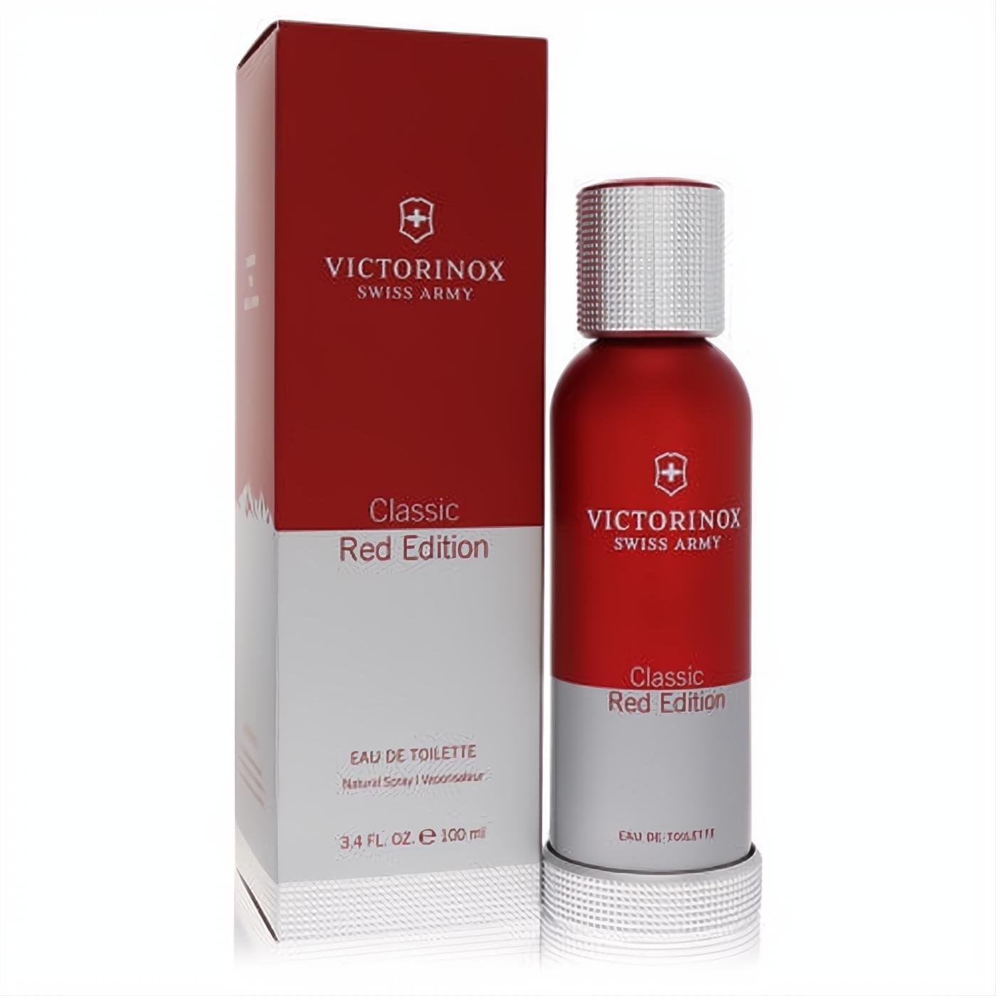 Victorinox Swiss Army Classic Red Edition 3.4 oz EDT spray. Bold red bottle with silver base and textured cap, presented with its matching box.