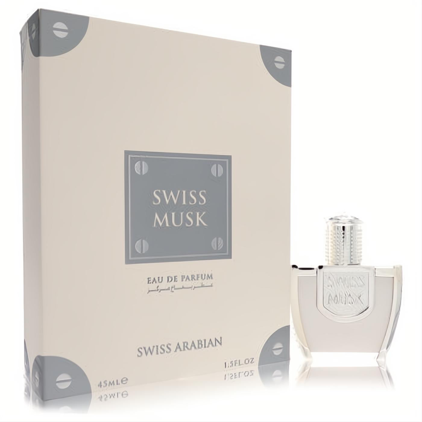 Sophisticated Swiss Musk 1.5 oz unisex EDP bottle and elegant beige box with unique silver trunk-style accents.