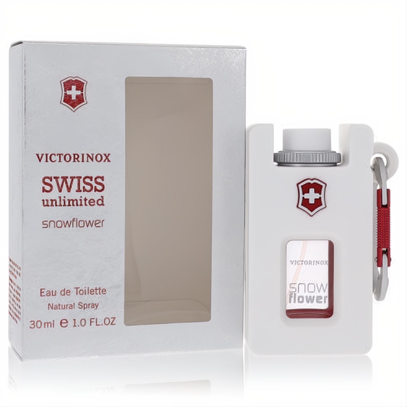Experience Victorinox Swiss Unlimited Snowflower 1 oz EDT. White, sporty flask bottle with red carabiner clip, perfect for active lifestyles.