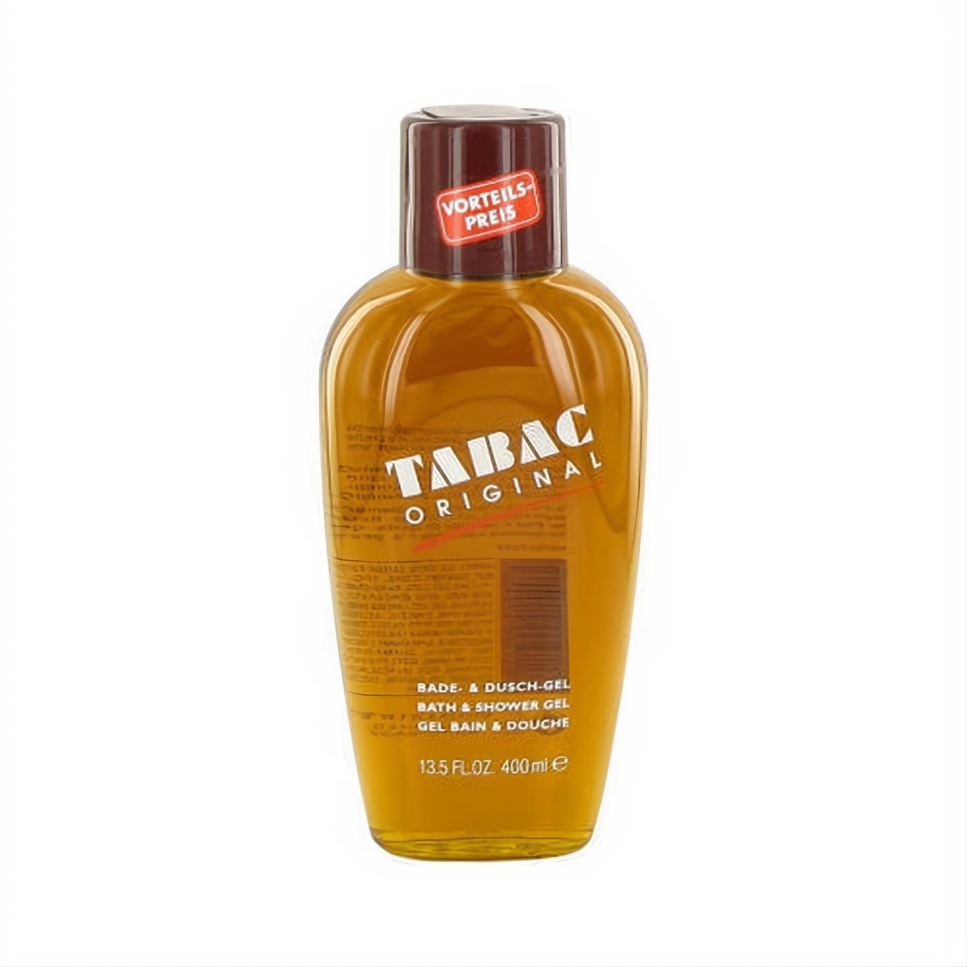 TABAC ORIGINAL 13.5 oz Bath & Shower Gel. Golden amber liquid in a sleek clear bottle with a dark brown cap, marked with a special price.