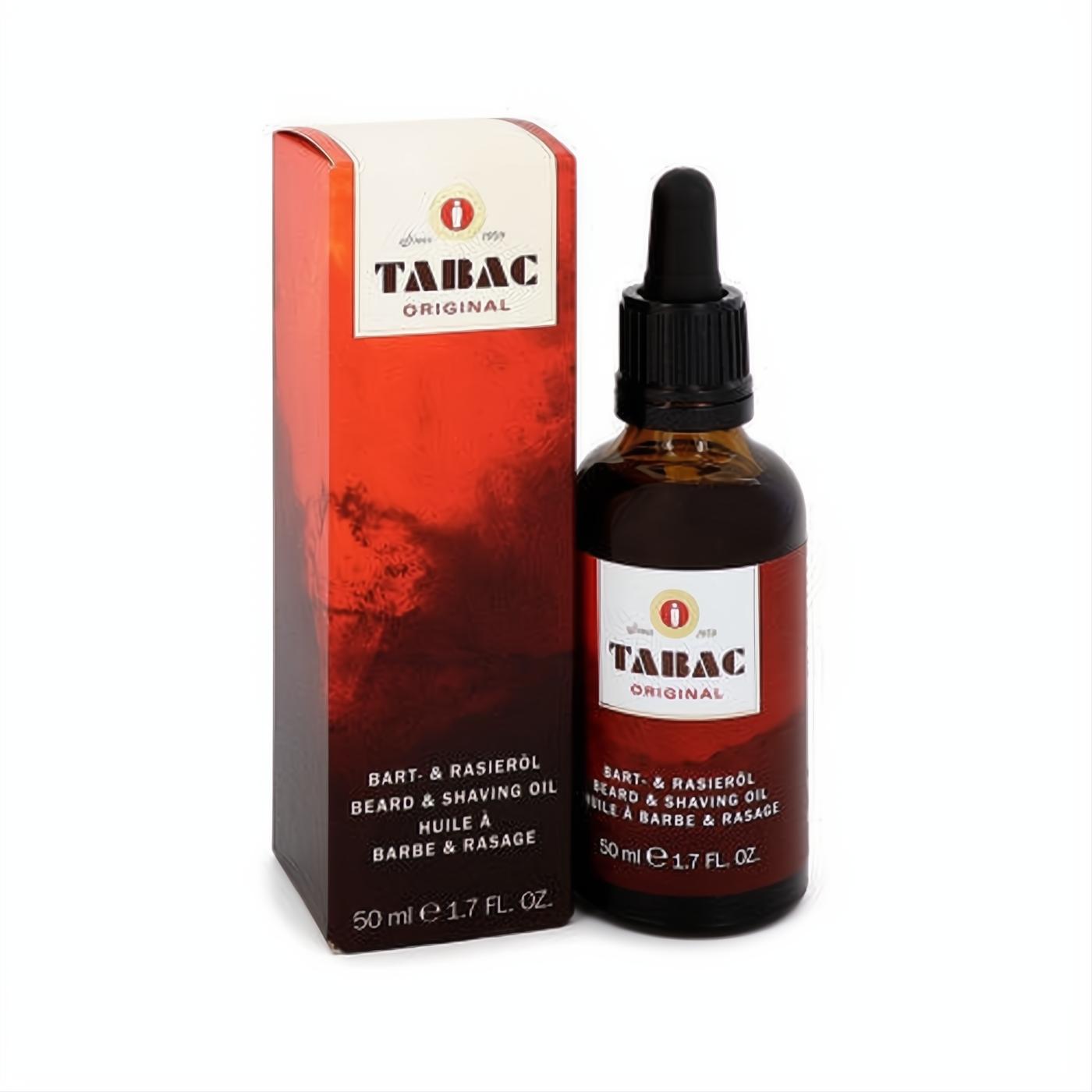 Tabac Original 1.7 oz beard & shaving oil. Rich amber dropper bottle with a striking red label, paired with its elegant matching box.