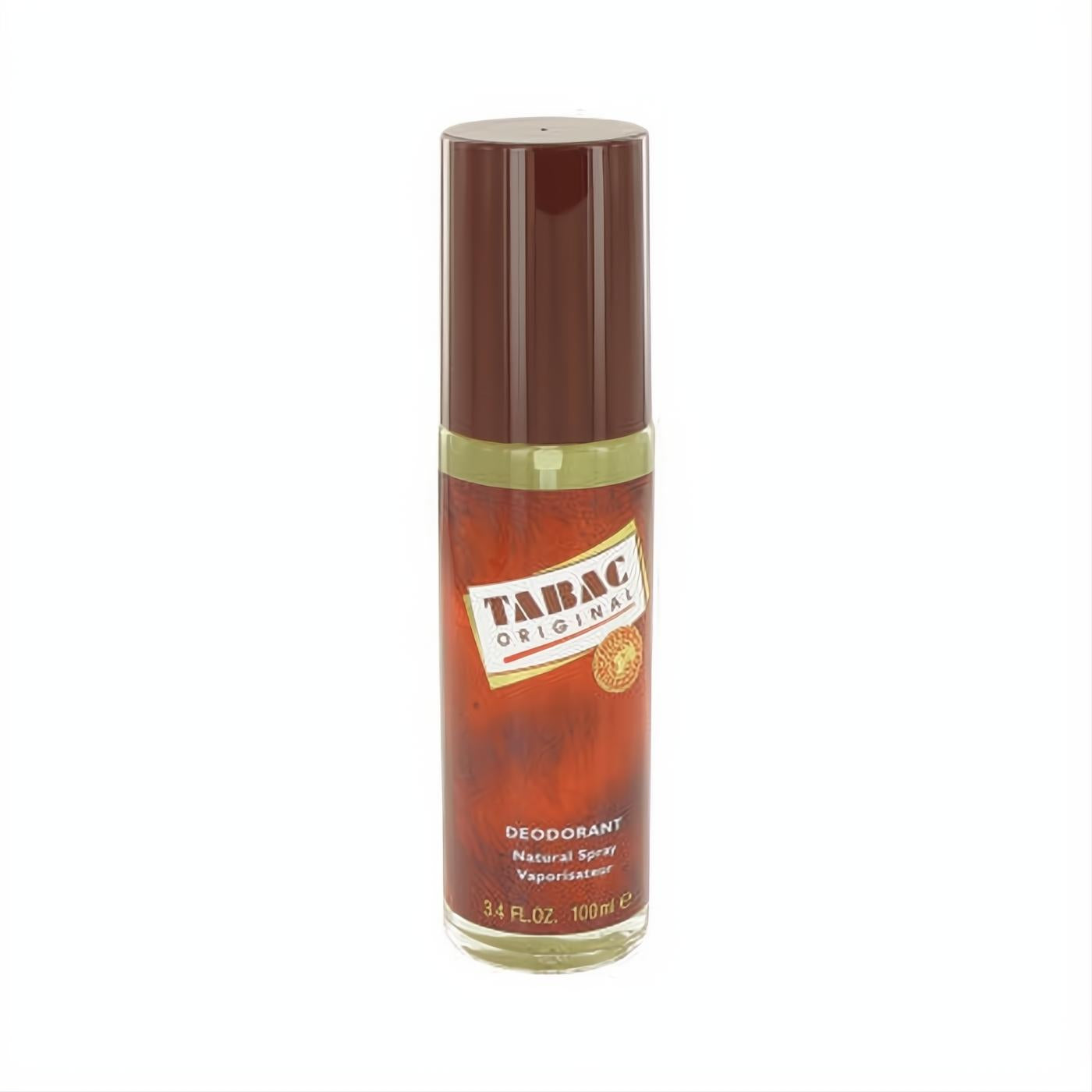 Tabac Original 3.4 oz deodorant spray in a sleek, dark brown glass bottle with a gold band and classic branding.
