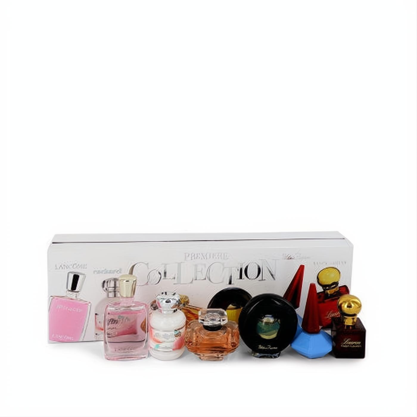 Elegant Premiere Collection mini perfume gift set with diverse travel-size fragrances in pink, black, blue, and amber bottles.