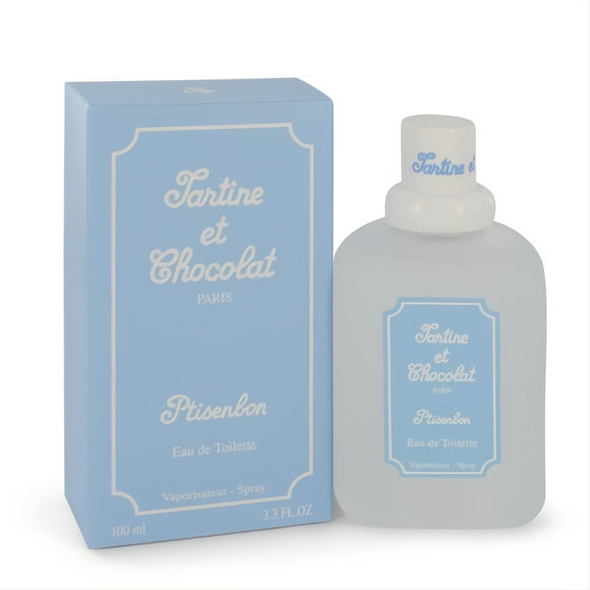Charming Tartine Et Chocolat Ptisenbon Givenchy 3.3 oz Eau De Toilette. Light blue box and frosted glass spray bottle.