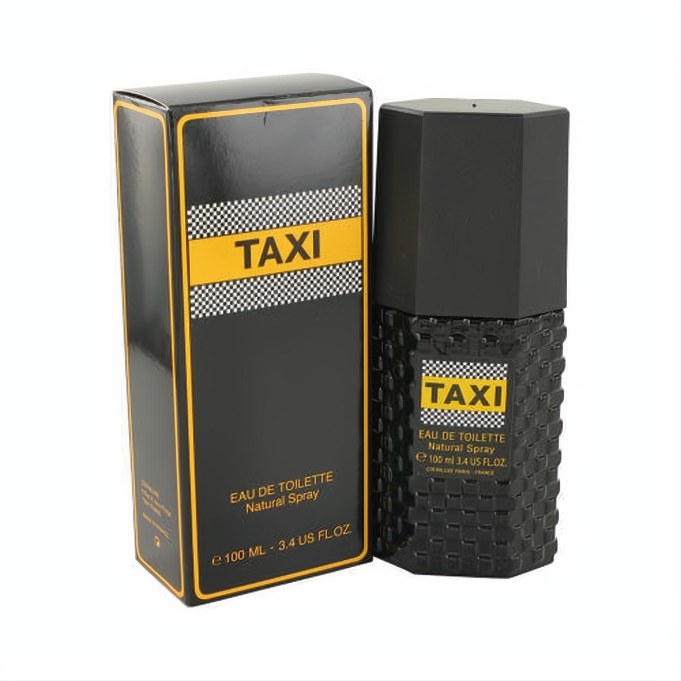 Cofinluxe Taxi 3.4 oz men's fragrance. Black textured spray bottle with vibrant yellow checkerboard label and matching box.
