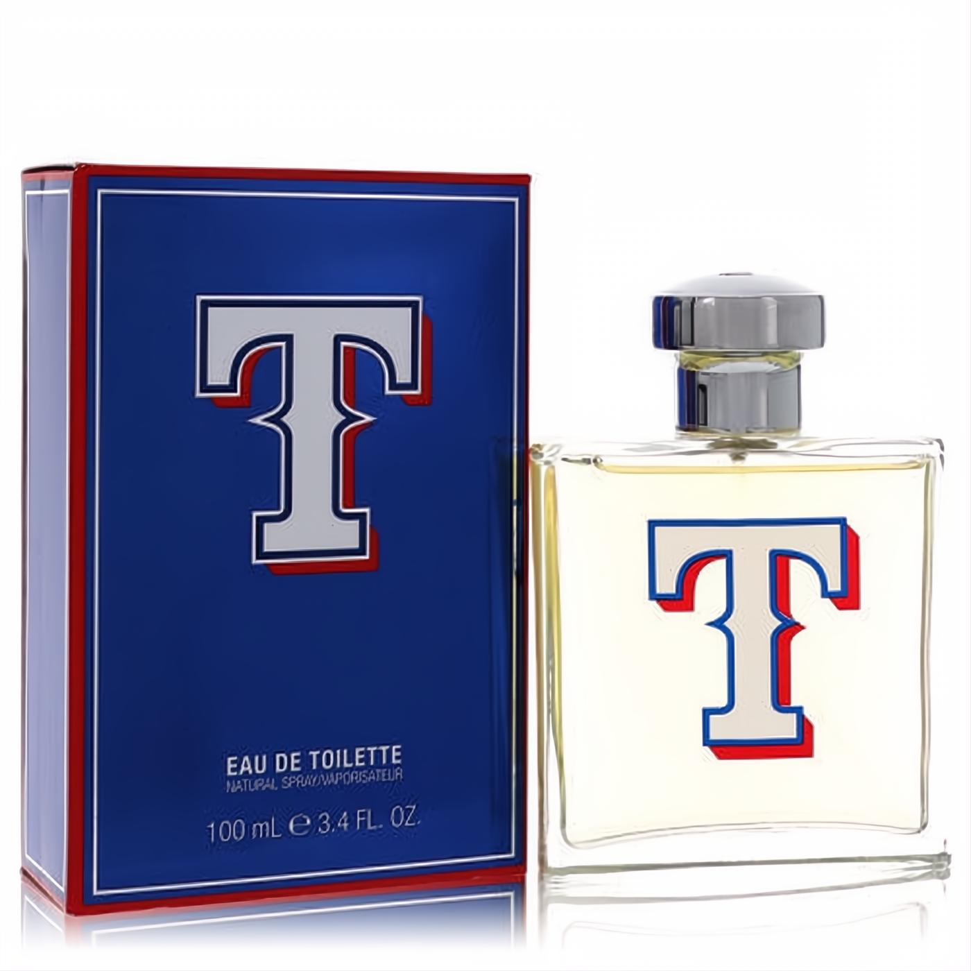Texas Rangers men's 3.4 oz Eau De Toilette. Bold blue box, clear bottle with silver cap, both featuring the iconic red & white "T" logo.