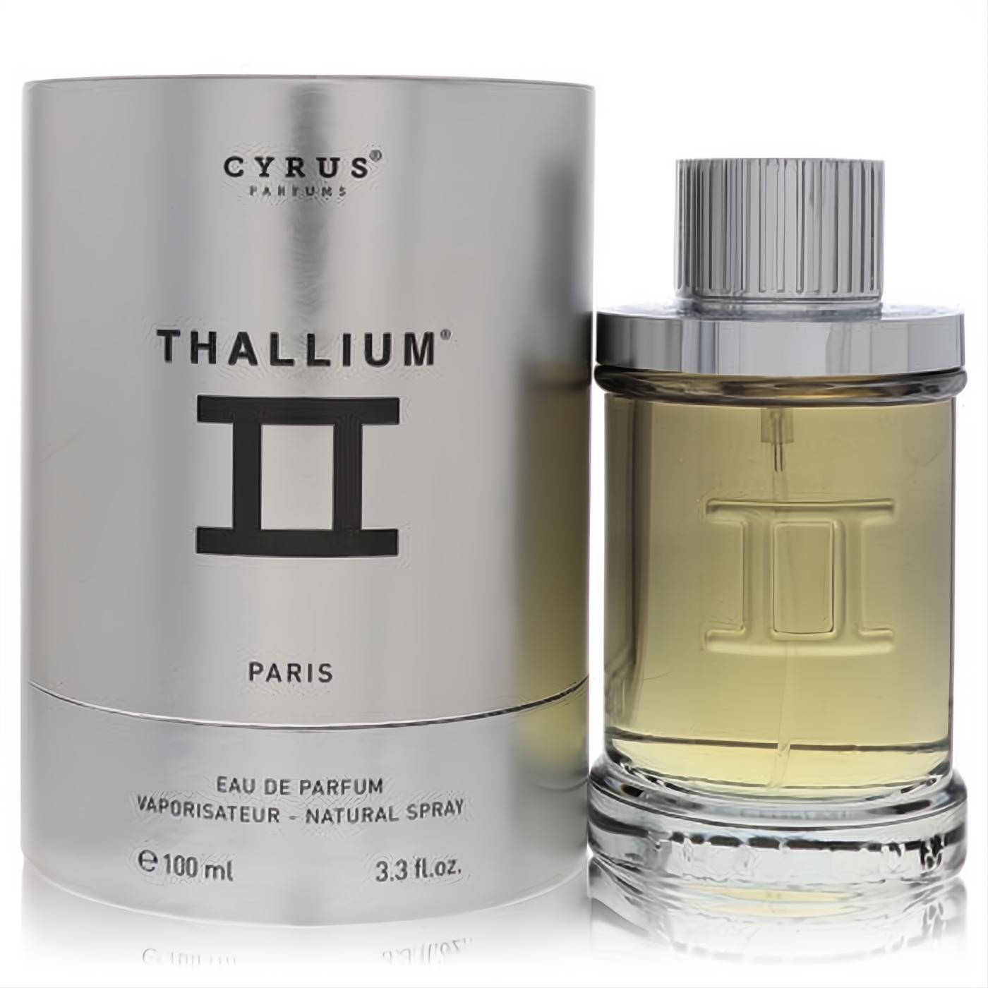 Thallium II Eau De Parfum 3.3 oz for men. Elegant silver box and clear glass bottle with a distinctive ribbed silver cap.