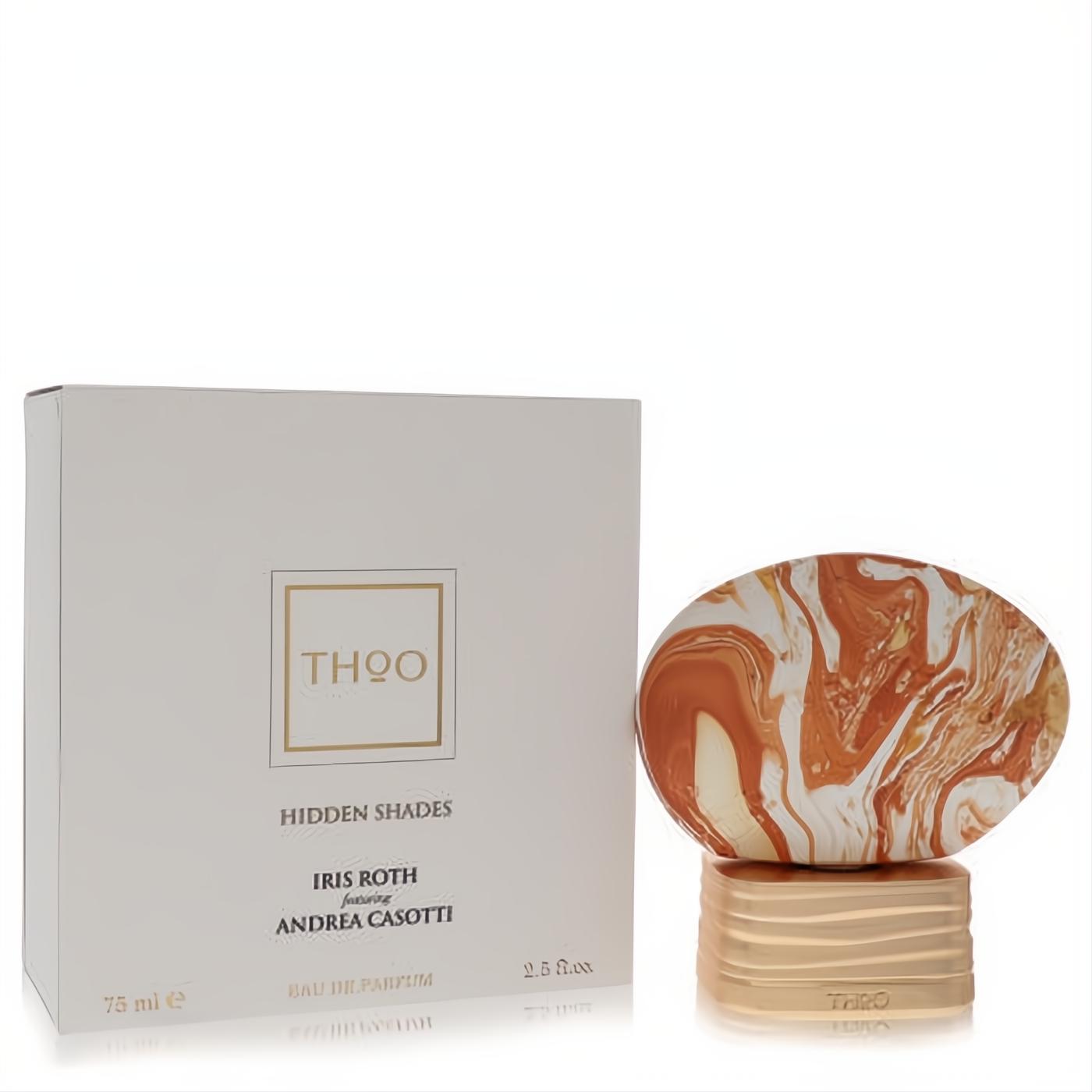 Luxurious The House Of Oud Hidden Shades 2.5 oz unisex EDP. Features a unique marbled orange/white bottle, gold wavy base, and elegant white box.