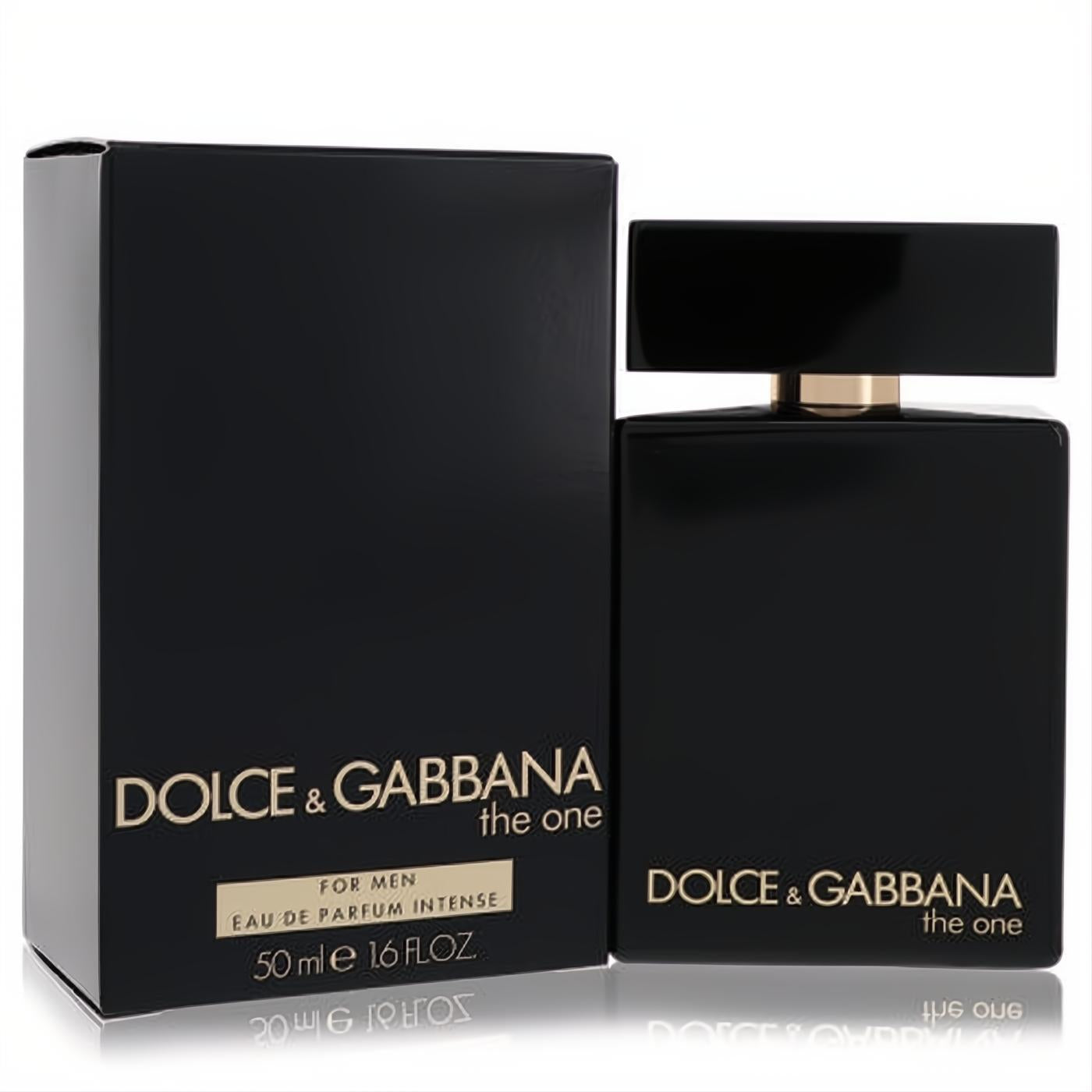 The One Intense by Dolce & Gabbana 1.6 oz men's EDP spray. Sleek black bottle with gold details.