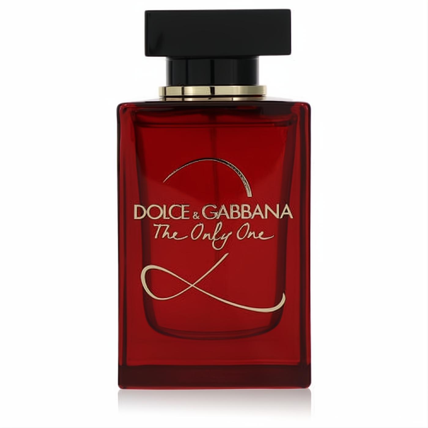Luxurious deep red Dolce & Gabbana The Only One 2 perfume bottle with a sleek black cap and elegant gold script.