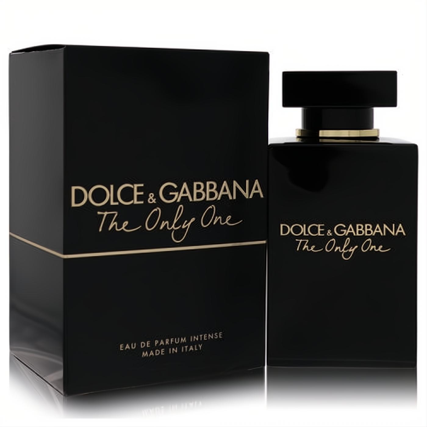 Dolce & Gabbana The Only One Intense 3.3 oz EDP. Luxurious black glass bottle and box with elegant gold details.