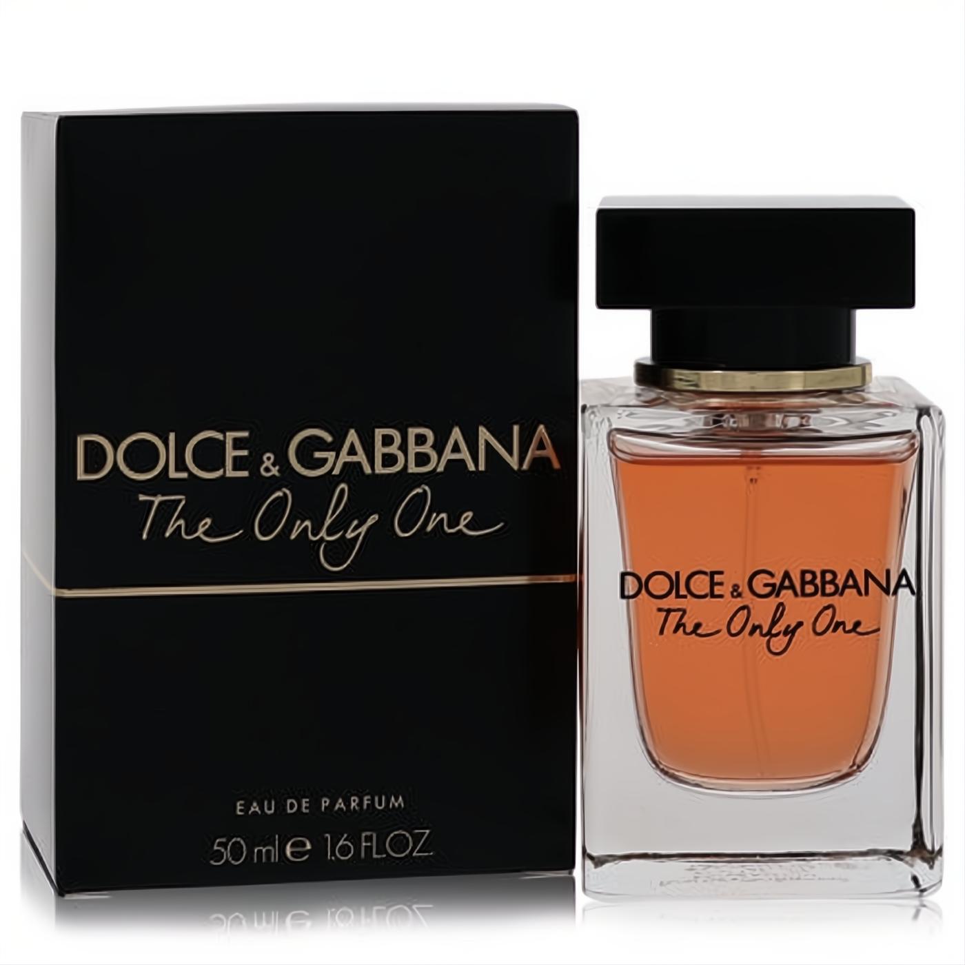 Luxurious Dolce & Gabbana The Only One 1.6 oz Eau De Parfum. Clear glass bottle with rich amber liquid, sleek black cap, and matching black box.
