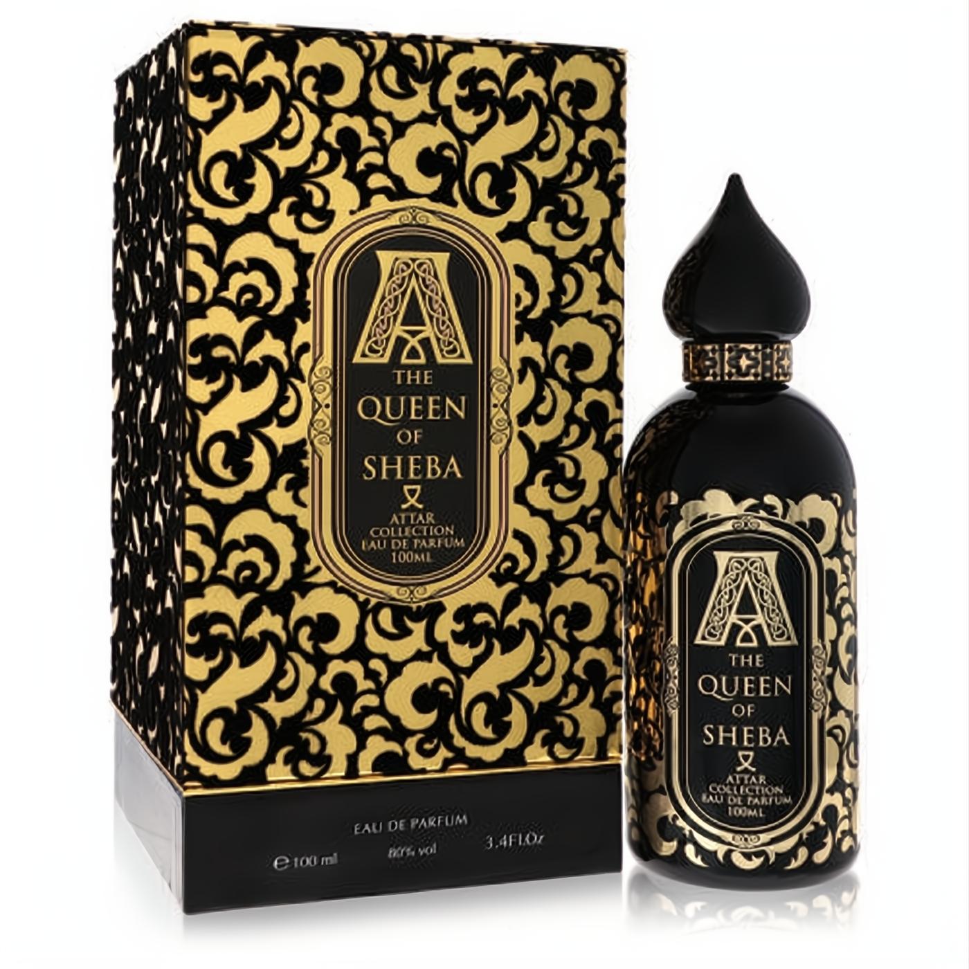 Opulent black and gold Queen of Sheba Attar Collection Eau de Parfum, 3.4 oz bottle with intricate design and matching box.