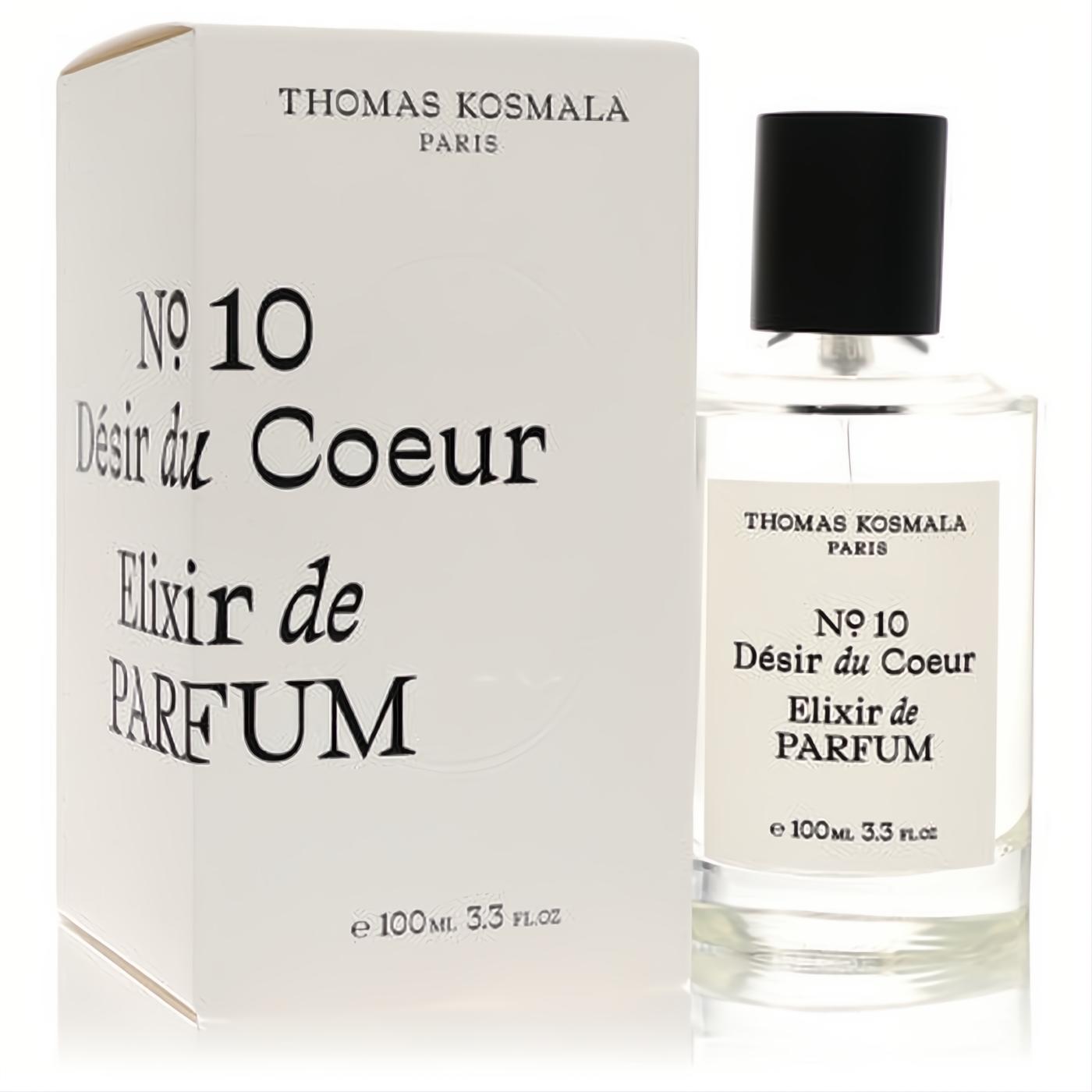 Discover Thomas Kosmala No 10 Desir Du Coeur 3.3 oz elixir de parfum. Clear glass bottle, black cap, elegant white box.