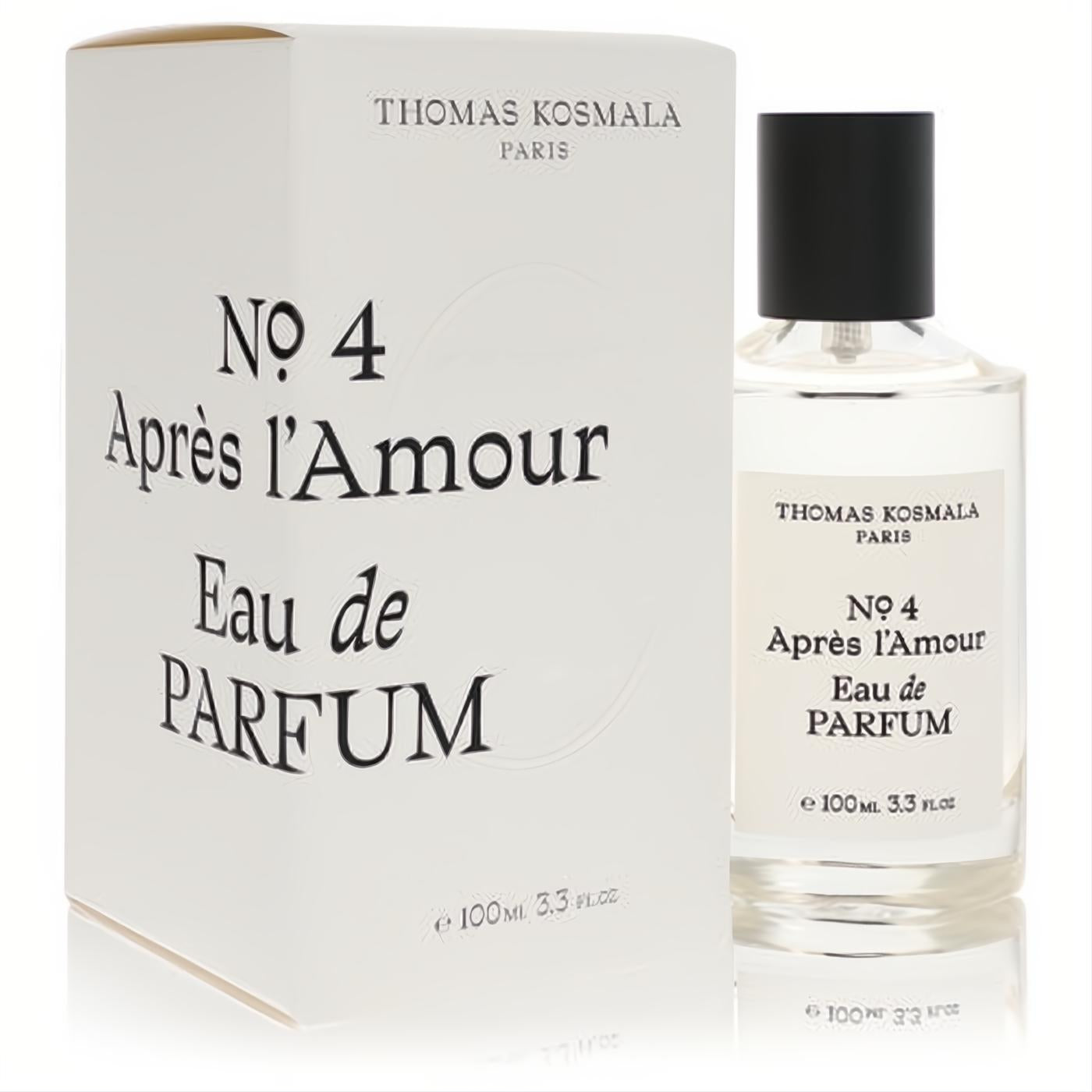 Thomas Kosmala No 4 Apres L'Amour 100ml unisex EDP spray. Clear glass bottle, black cap, and elegant white box.