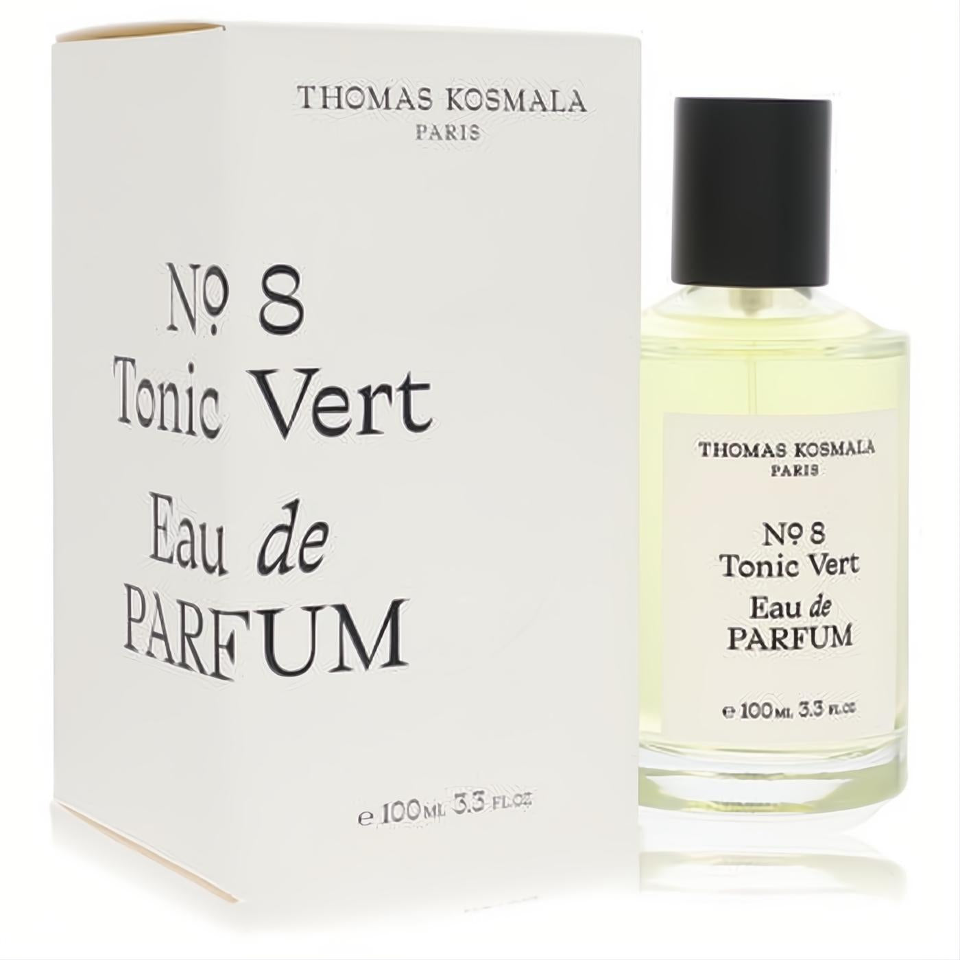 Thomas Kosmala No 8 Tonic Vert unisex EDP, 3.3 oz. Elegant clear bottle with light green liquid, sleek black cap, and crisp white box.