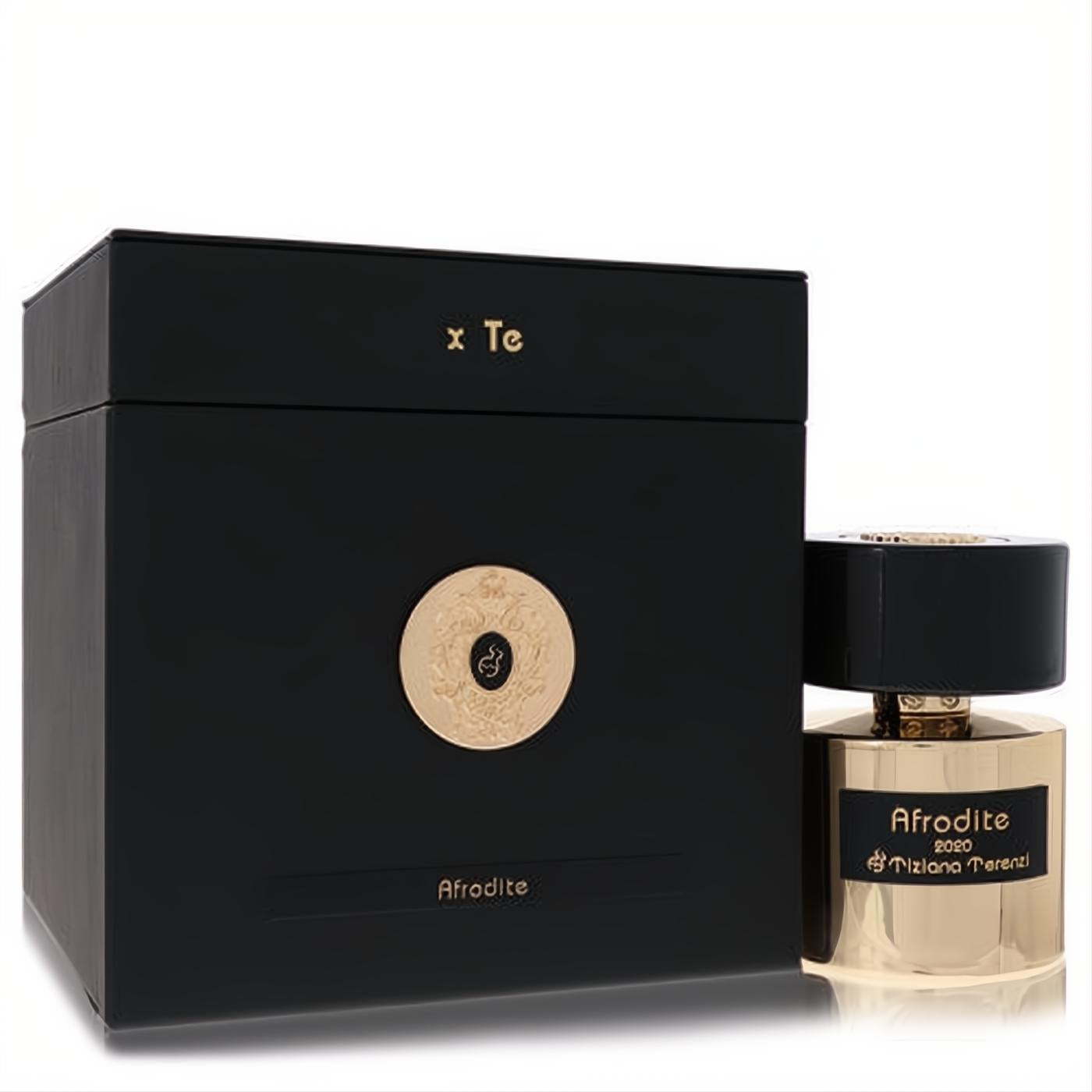 Elegant Tiziana Terenzi Afrodite 3.38 oz Extrait De Parfum. Gold bottle, black cap, and luxurious black box with gold details.