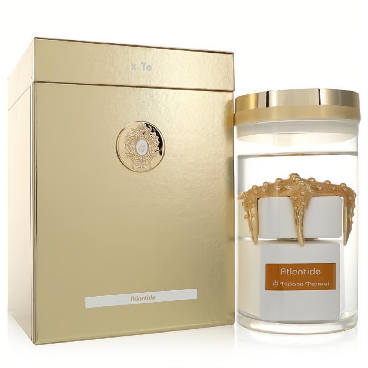 Dazzling Tiziana Terenzi Atlantide unisex perfume. Gold box and clear glass jar reveal the white bottle adorned with a gold sea star.