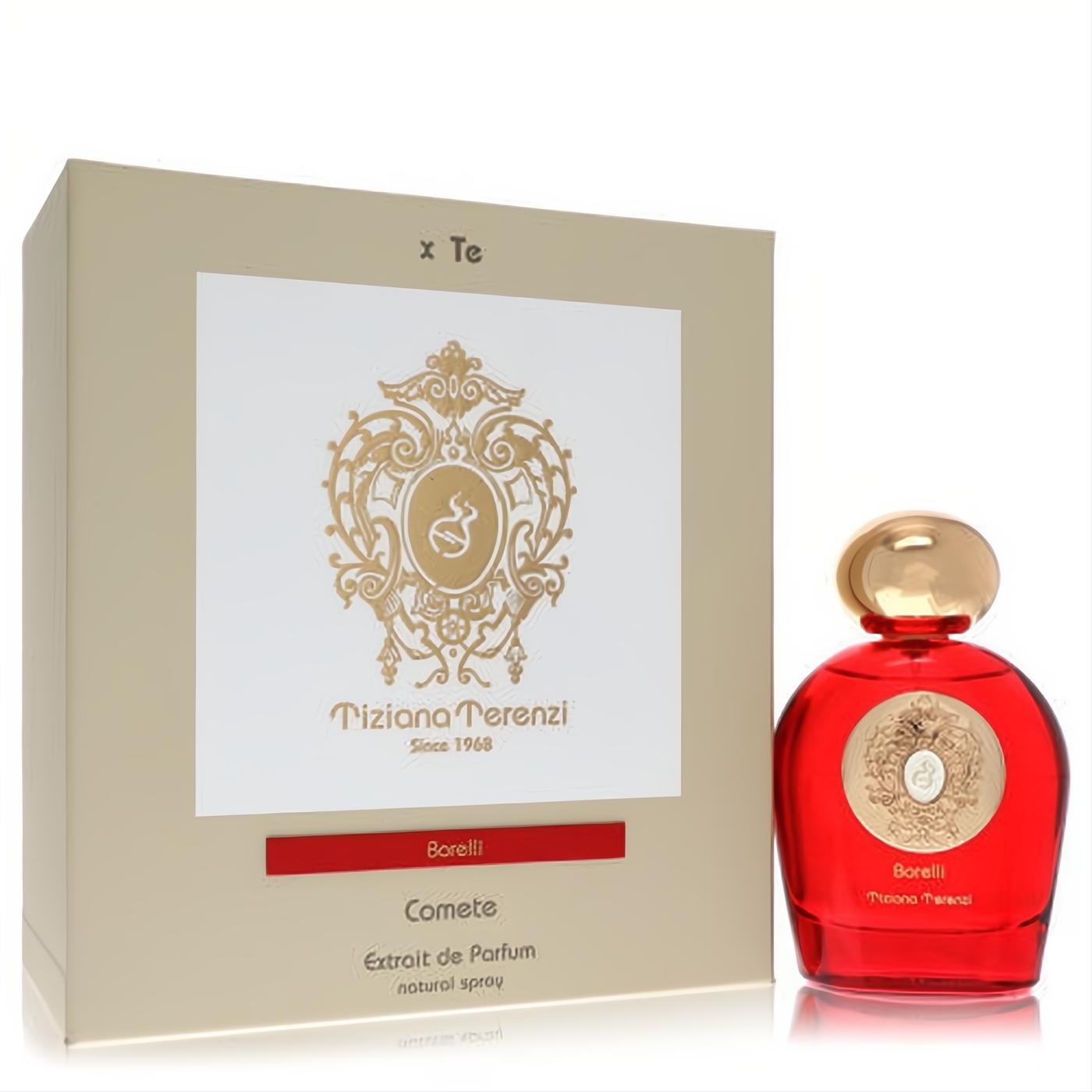 Experience Tiziana Terenzi Borelli 3.4 oz unisex extrait de parfum. Red glass bottle with ornate gold cap and elegant beige box.