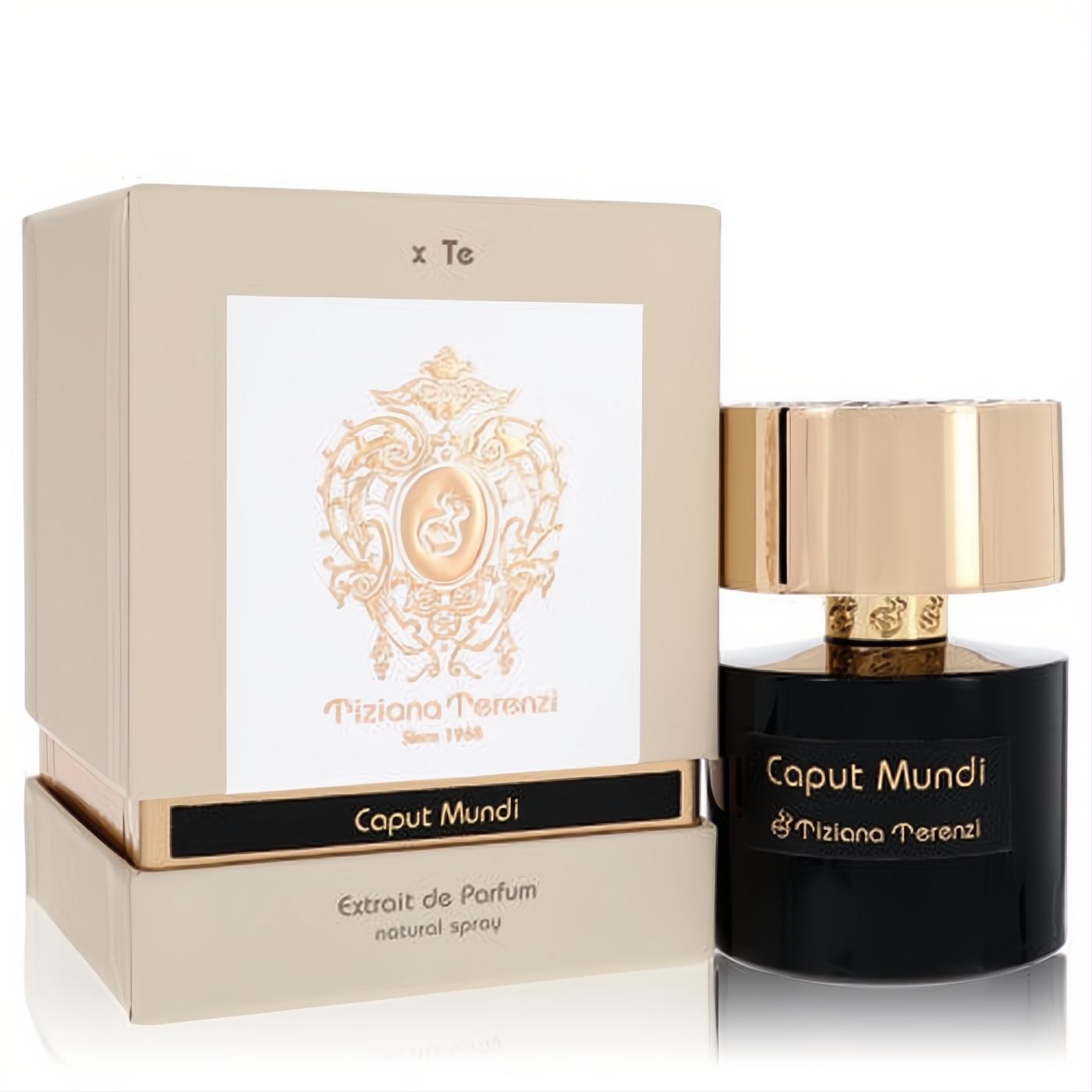 Luxurious Tiziana Terenzi Caput Mundi Extrait De Parfum. Sleek black bottle with gold cap and label, beside its elegant beige box.