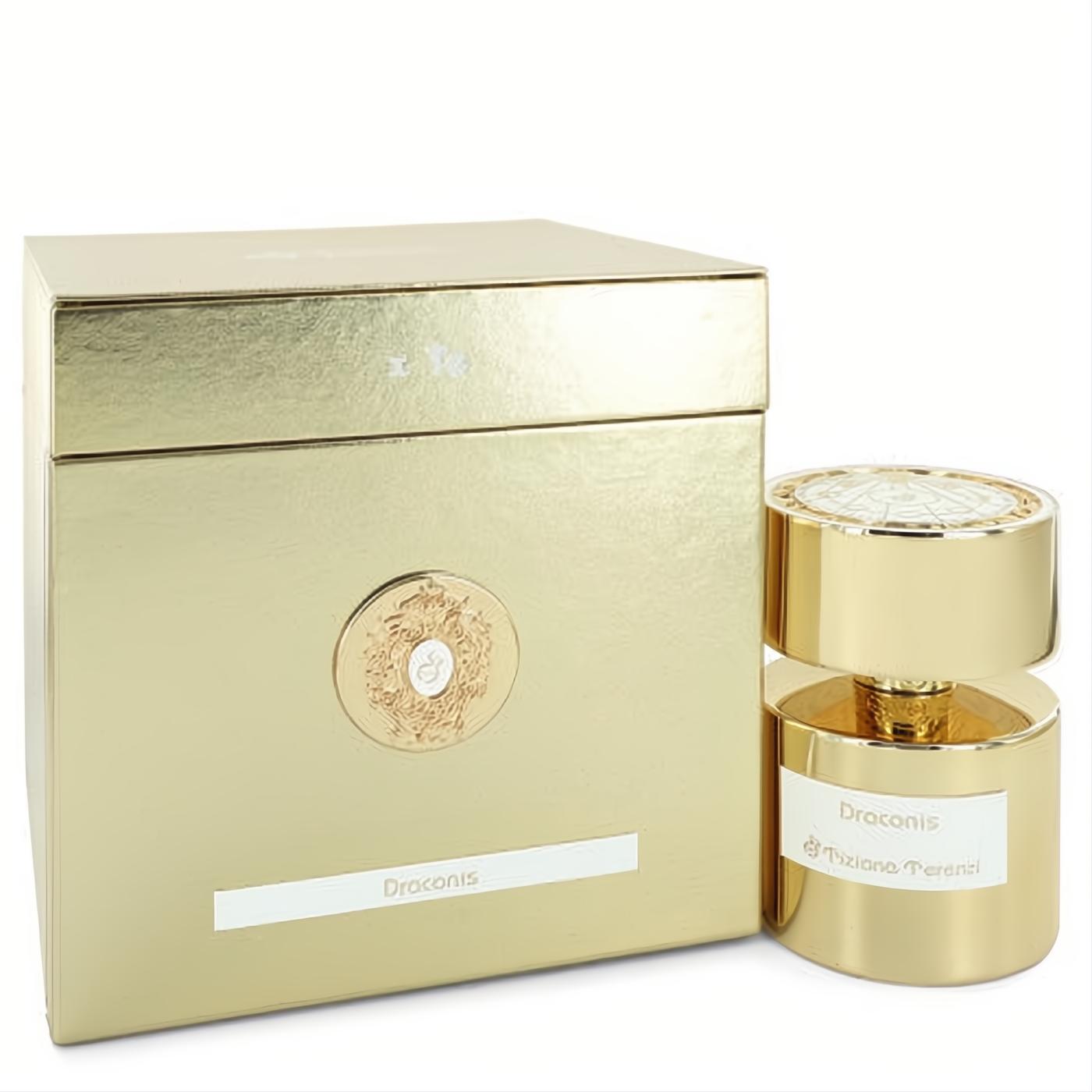Exquisite Tiziana Terenzi Draconis 3.38 oz unisex extrait de parfum. Luxurious gold bottle with ornate cap and matching box.