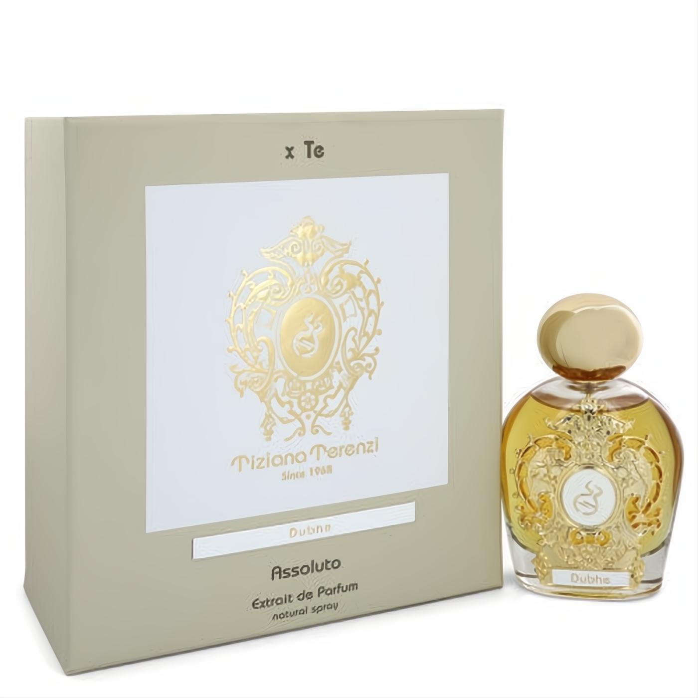 Tiziana Terenzi Dubhe Assoluto unisex Extrait de Parfum. Luxurious gold-accented bottle and elegant beige box.