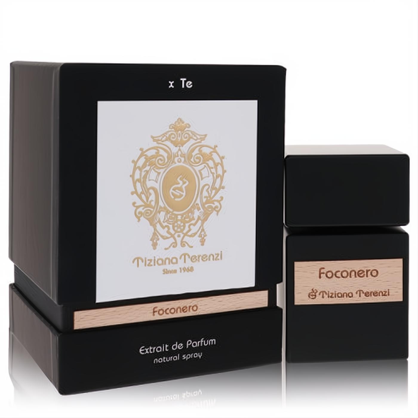Luxurious Tiziana Terenzi Foconero 3.38 oz Extrait De Parfum. Sleek matte black bottle and box with elegant gold and natural wood details.