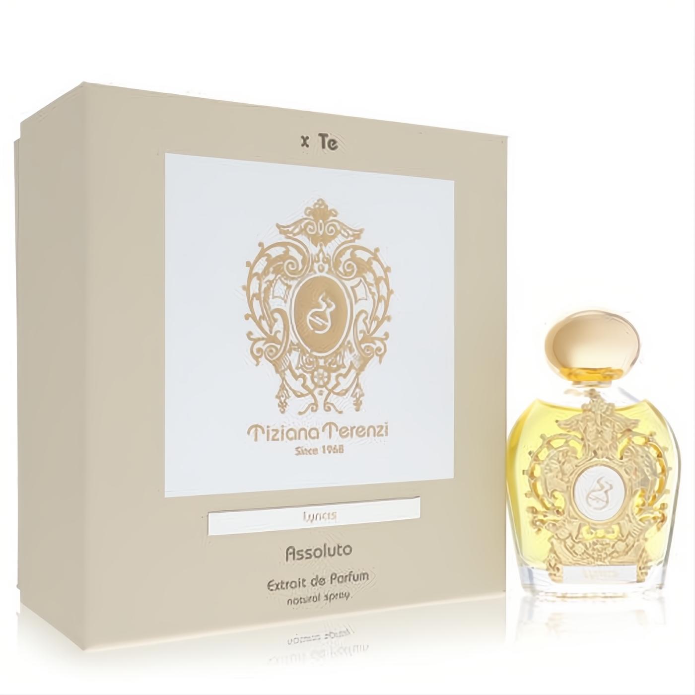 Luxurious Tiziana Terenzi Lyncis Assoluto Extrait De Parfum. Gold ornate bottle, clear glass, and elegant beige box.