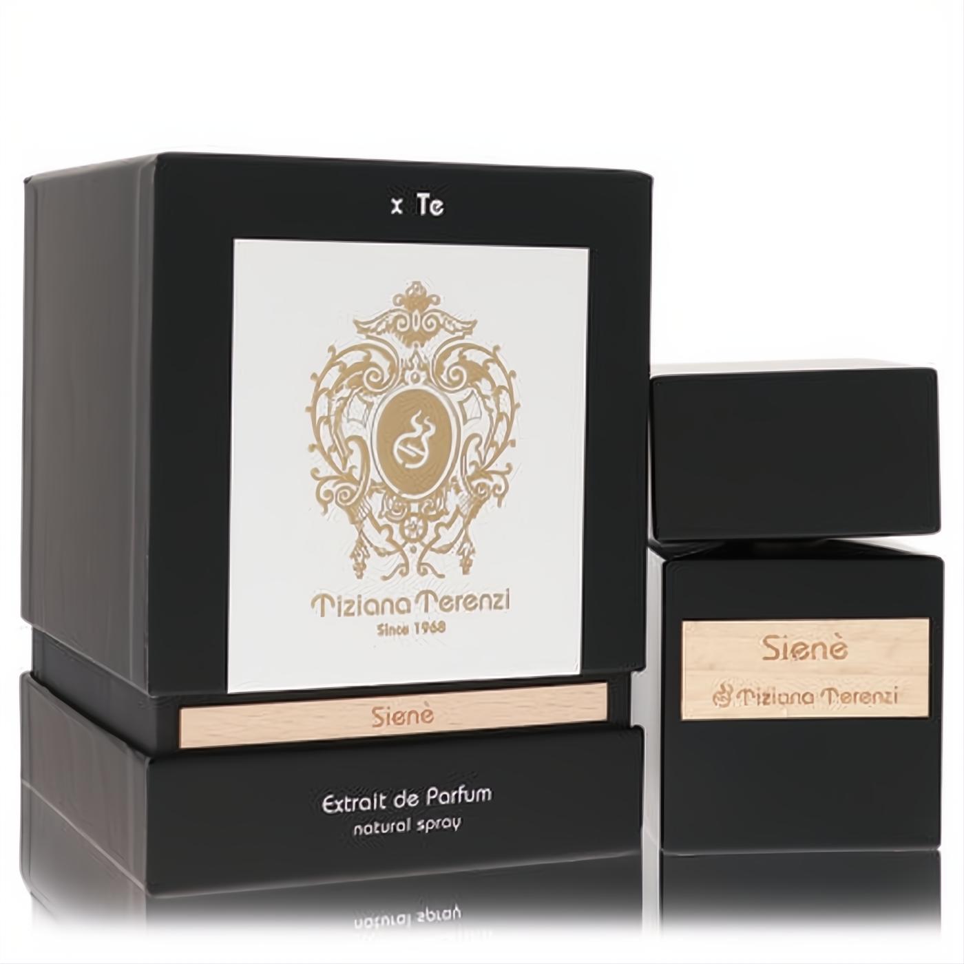 Tiziana Terenzi Siene Extrait De Parfum. Elegant black bottle and box, featuring gold and tan labels for a luxurious unisex fragrance.