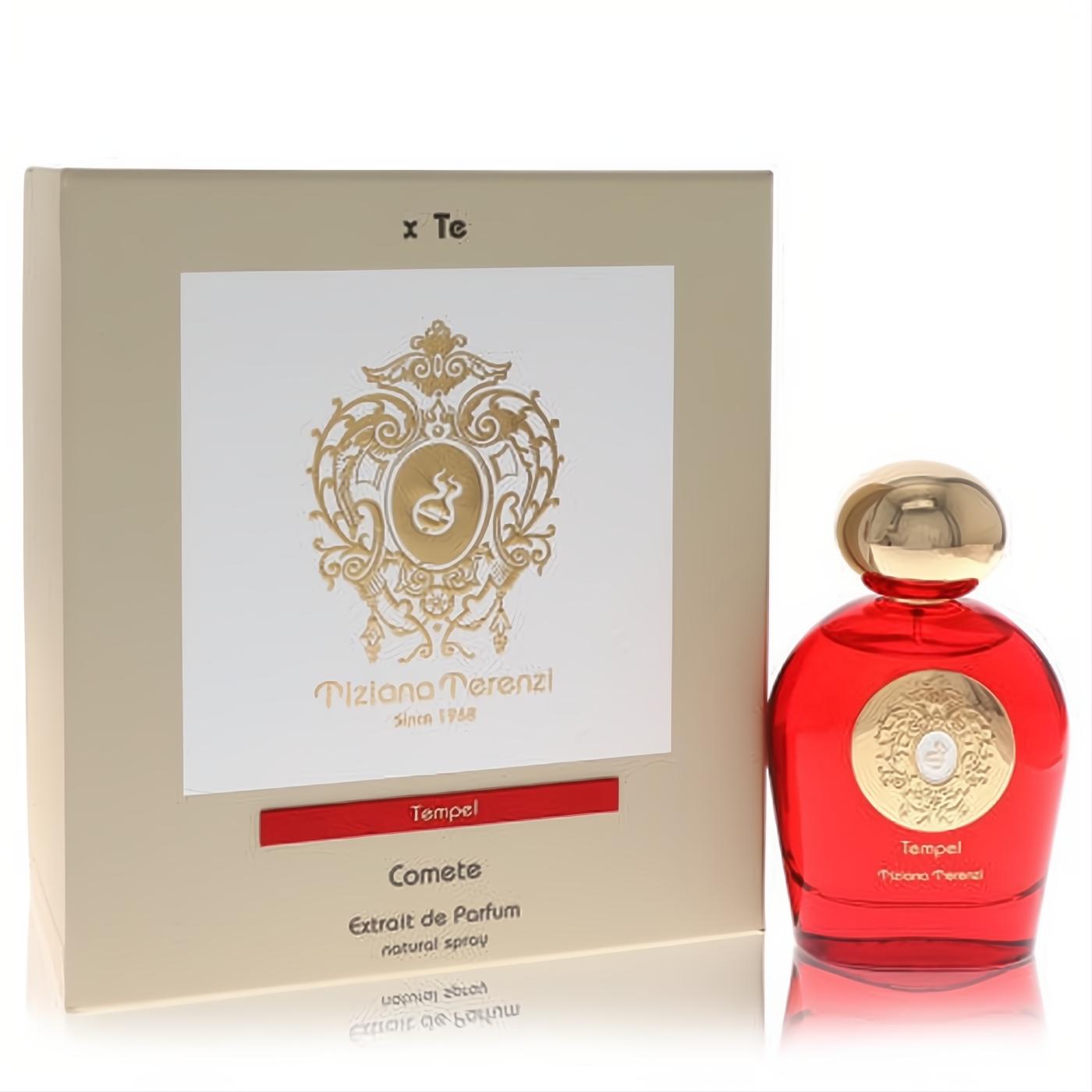 Tiziana Terenzi Tempel unisex extrait de parfum. Bold red bottle, gleaming gold cap, and sophisticated beige box.