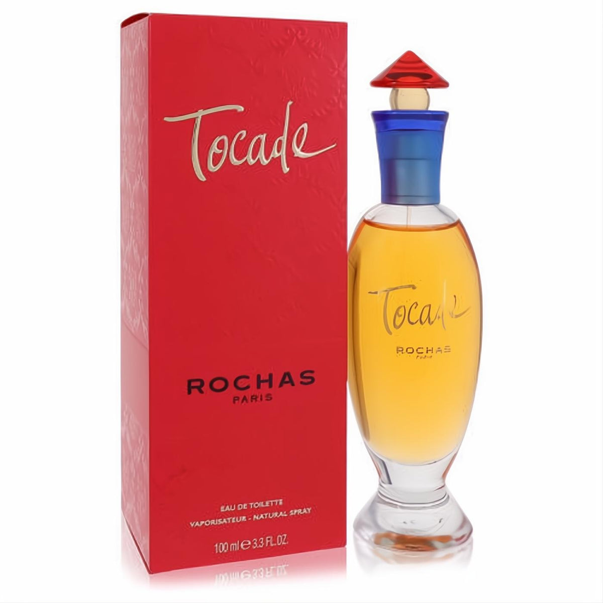 Experience Tocade by Rochas 3.4 oz (100ml) EDT. Red box, elegant bottle with golden fragrance, and distinctive blue/red cap.