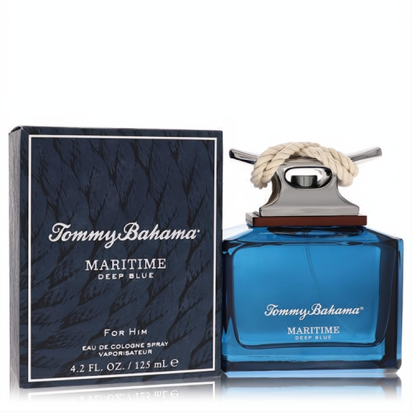 Tommy Bahama Maritime Deep Blue 4.2 oz men's cologne: a striking deep blue bottle with a nautical rope cap, beside its textured dark blue box.