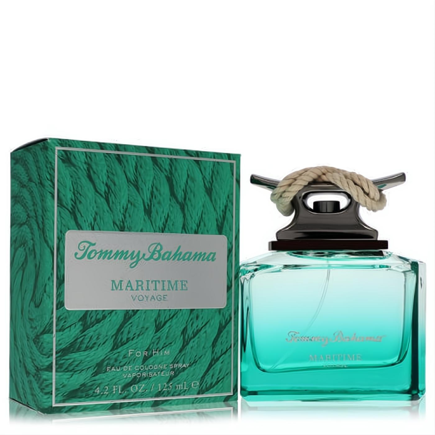 Tommy Bahama Maritime Voyage 4.2 oz men's cologne. Refreshing aqua bottle with unique nautical rope cap, beside a vibrant teal textured box.