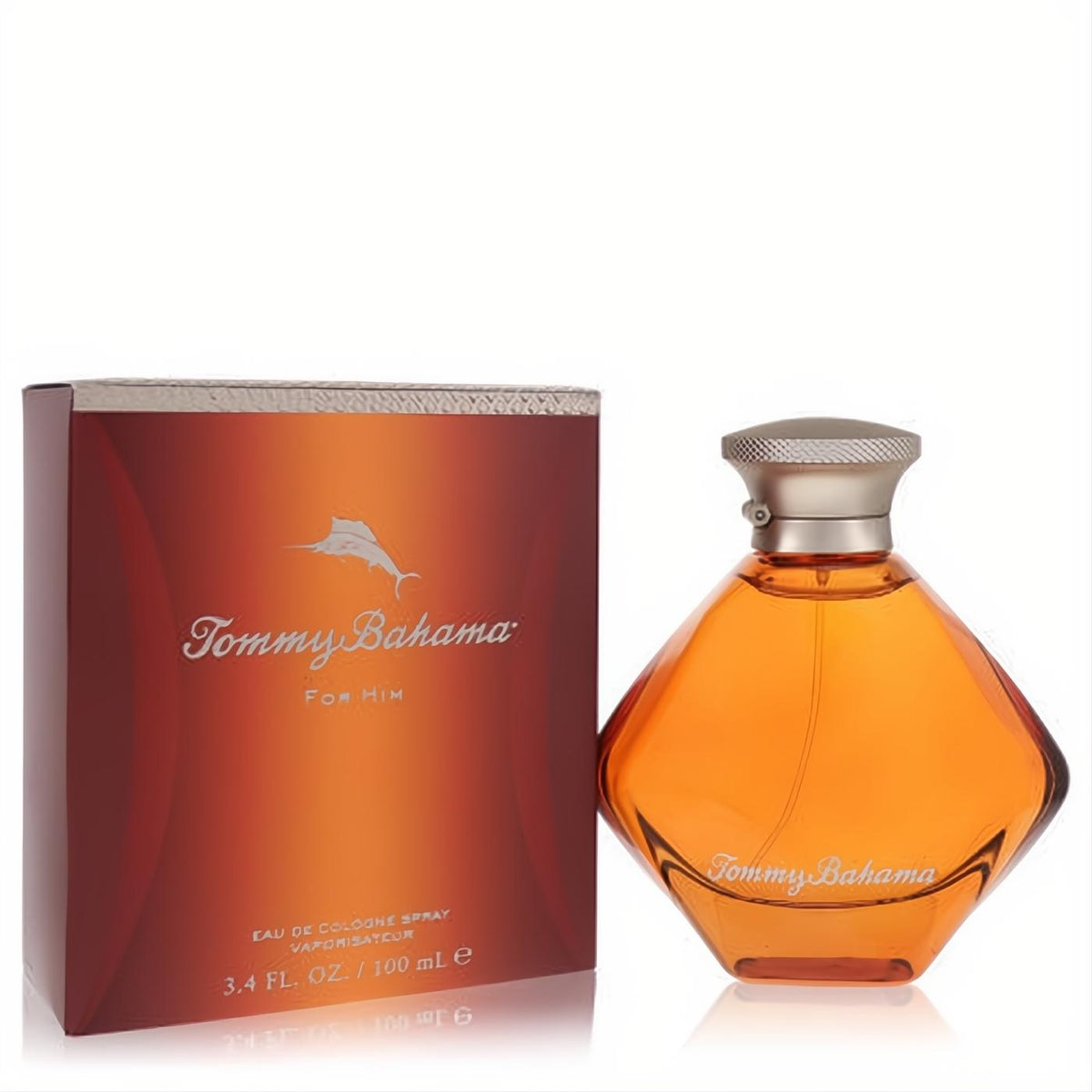 Tommy Bahama For Him 3.4 oz cologne. Distinctive amber faceted bottle, sleek silver cap, and vibrant orange box. Elevate his style.