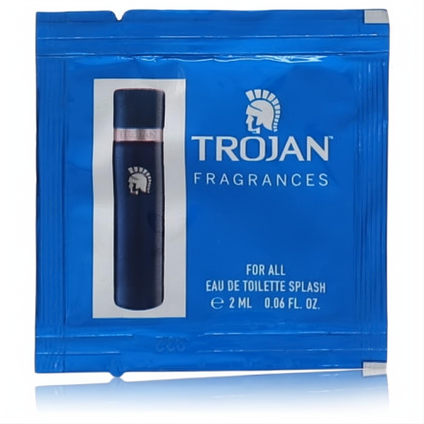 Vibrant blue Trojan For All unisex Eau de Toilette 0.06 oz sample sachet. Features sleek dark bottle design for a reliable scent.
