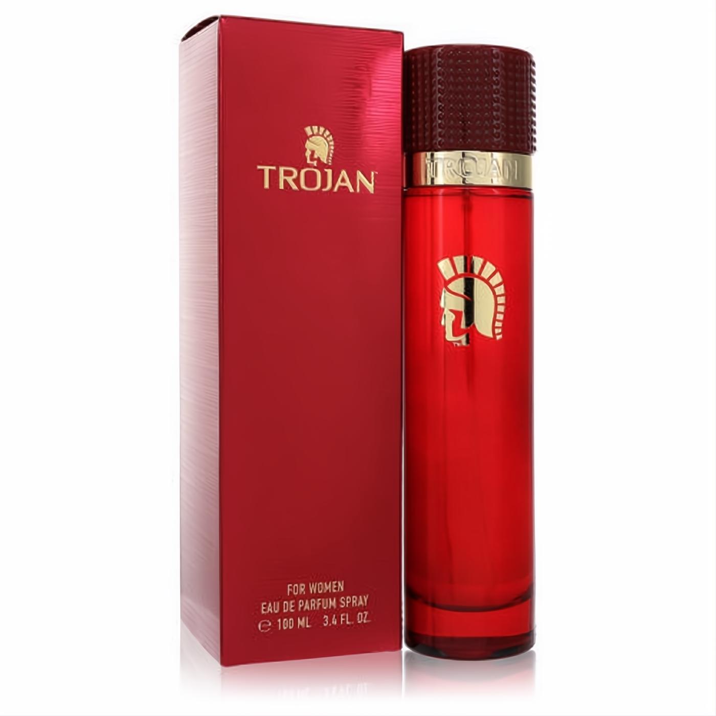 Luxurious ruby red Trojan for Women 3.4 oz Eau De Parfum spray bottle with gold helmet logo, textured cap, and matching box.