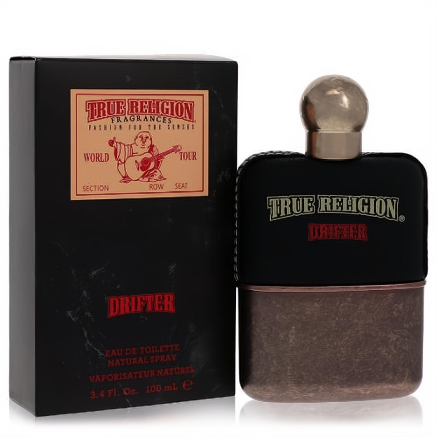 True Religion Drifter men's 3.4 oz Eau De Toilette. Distinctive black and bronze bottle with a metallic gold cap, presented with its sleek black box.