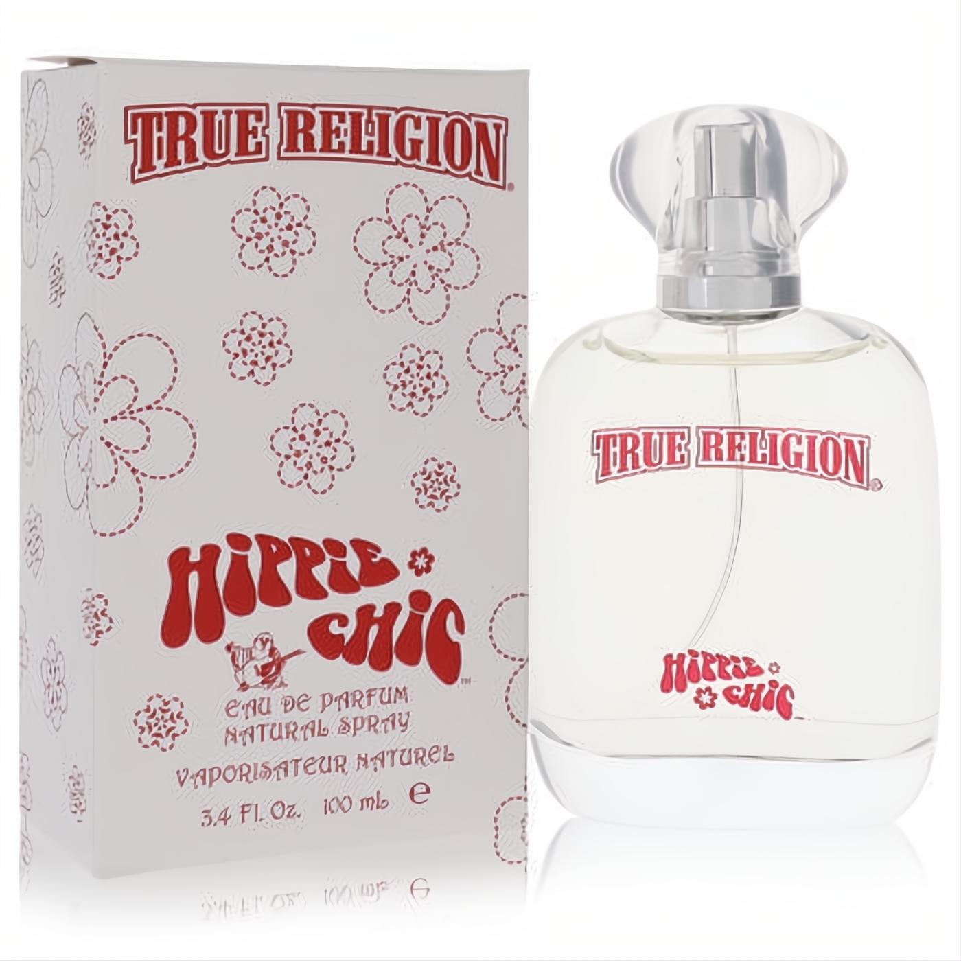 True Religion Hippie Chic 3.4 oz EDP. Elegant clear glass bottle with sculpted cap, bold red True Religion logo, and matching floral white box.