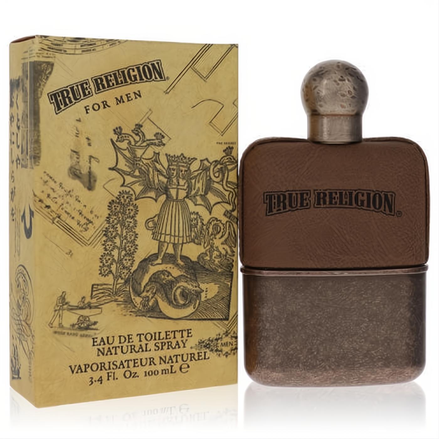 True Religion men's 3.4 oz EDT. Distinctive brown textured bottle with metallic base and vintage-inspired box.
