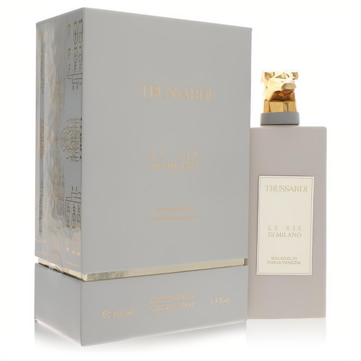 Luxurious Trussardi Walking in Porta Venezia 3.4 oz EDP spray in a sleek grey bottle with a distinctive gold greyhound cap and matching box.