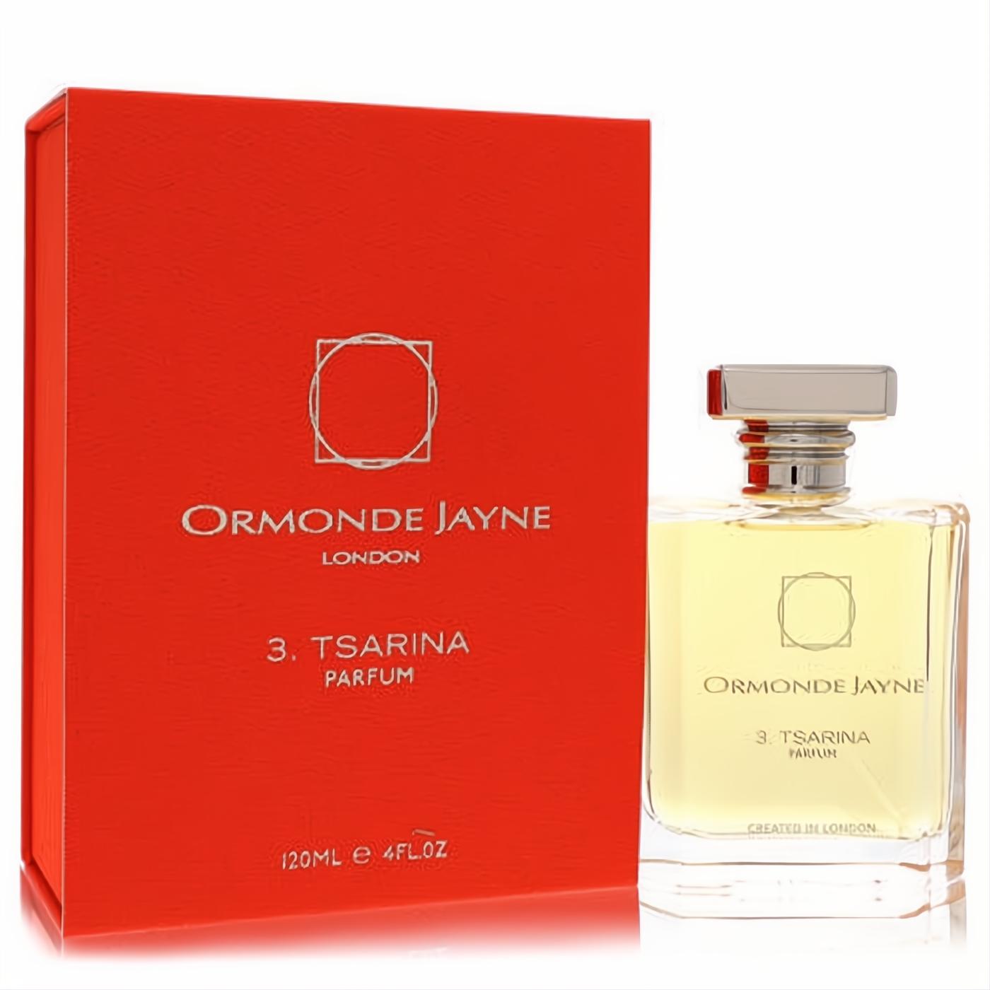 Luxurious Ormonde Jayne Tsarina 4 oz perfume: sleek clear glass bottle, silver cap, and elegant red box.