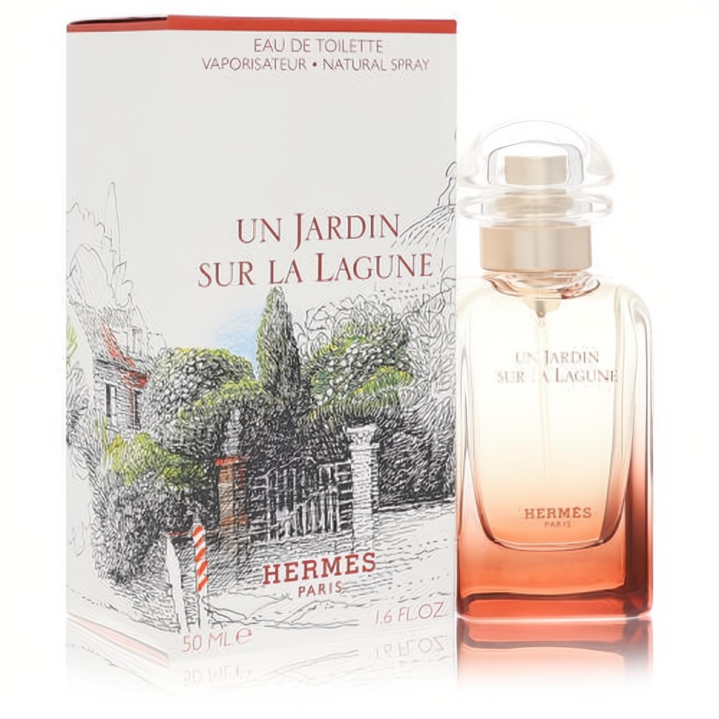 Captivating Hermes Un Jardin Sur La Lagune 1.6 oz EDT. Ombre peach-coral glass bottle with clear cap, next to its unique illustrated white box.